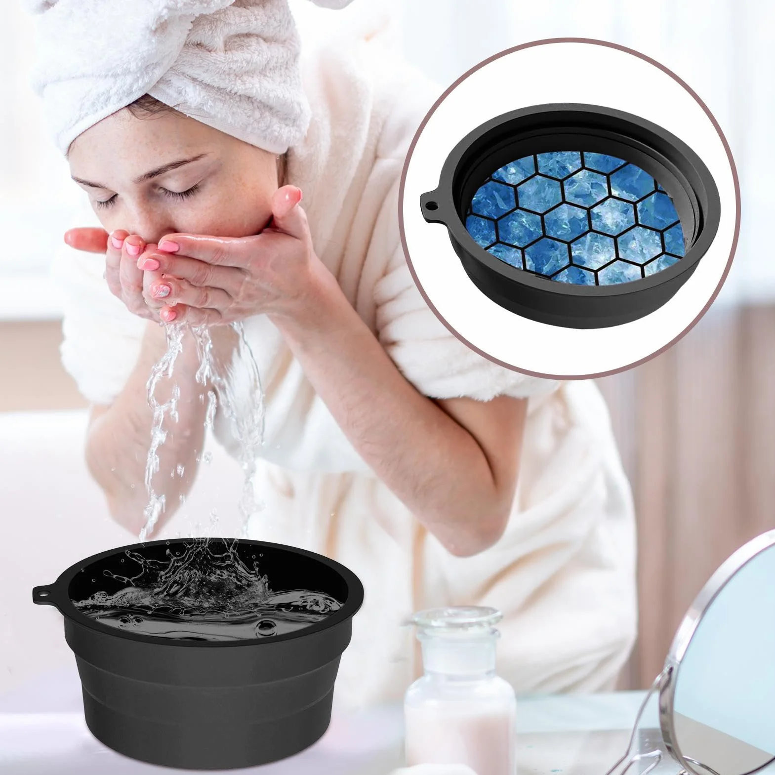Bassin de Lavage Pliable en Silicone Bol Glacé avec Bac à Glaçons Intégré pour Visage