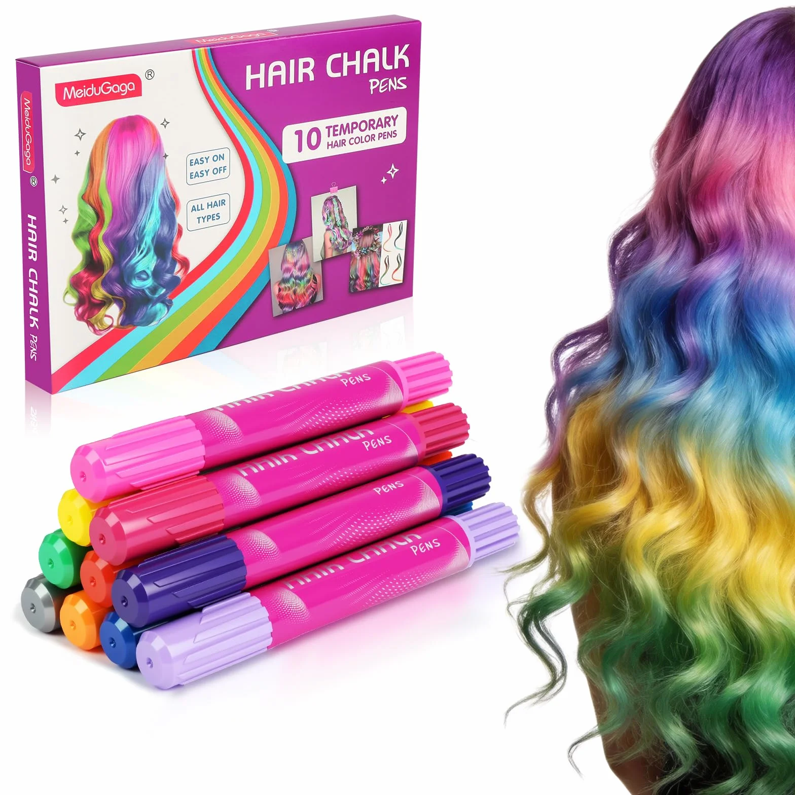 Craies colorantes temporaires pour cheveux, 10 pièces, non toxiques, faciles à laver, métalliques et pailletées