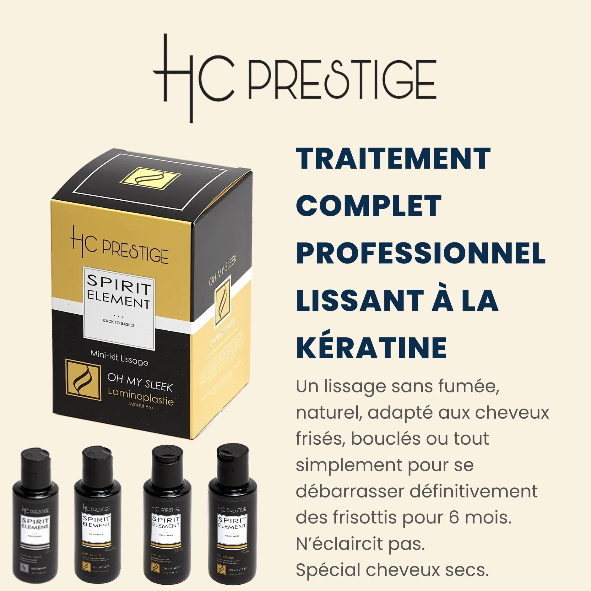 HC Prestige Kit Laminoplastie Oh My Sleek Lissage Pro Sans Fumée 4x100ml Kératine, Collagène, Protéines de Soie Sans Formol ni Acide Thio Made in France