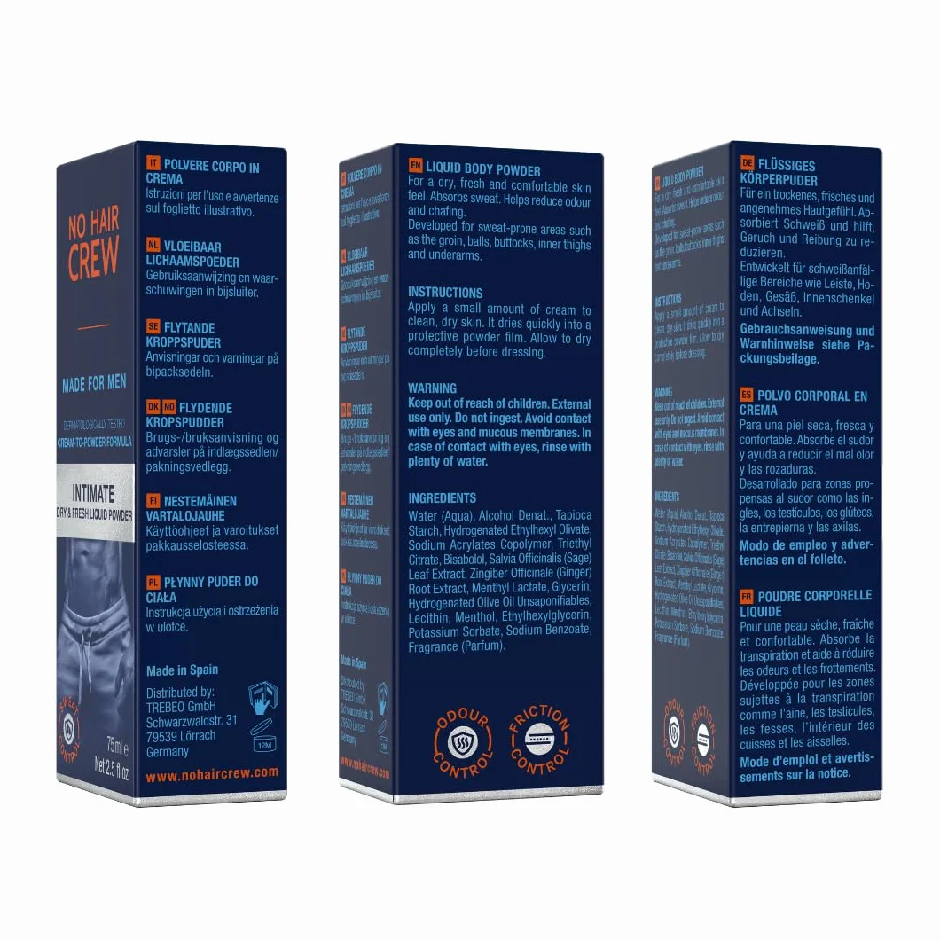 NO HAIR CREW Poudre Liquide Homme 75 ml – Crème anti-frottements pour zones intimes, aine et cuisses – Contrôle transpiration & odeurs