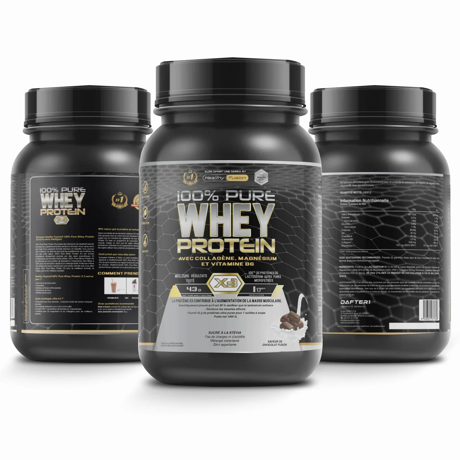 Healthy Fusion Whey Protein 43 g/dose Protéine Whee Pure avec Collagène Magnésium Vitamine B6 Chocolat 1kg