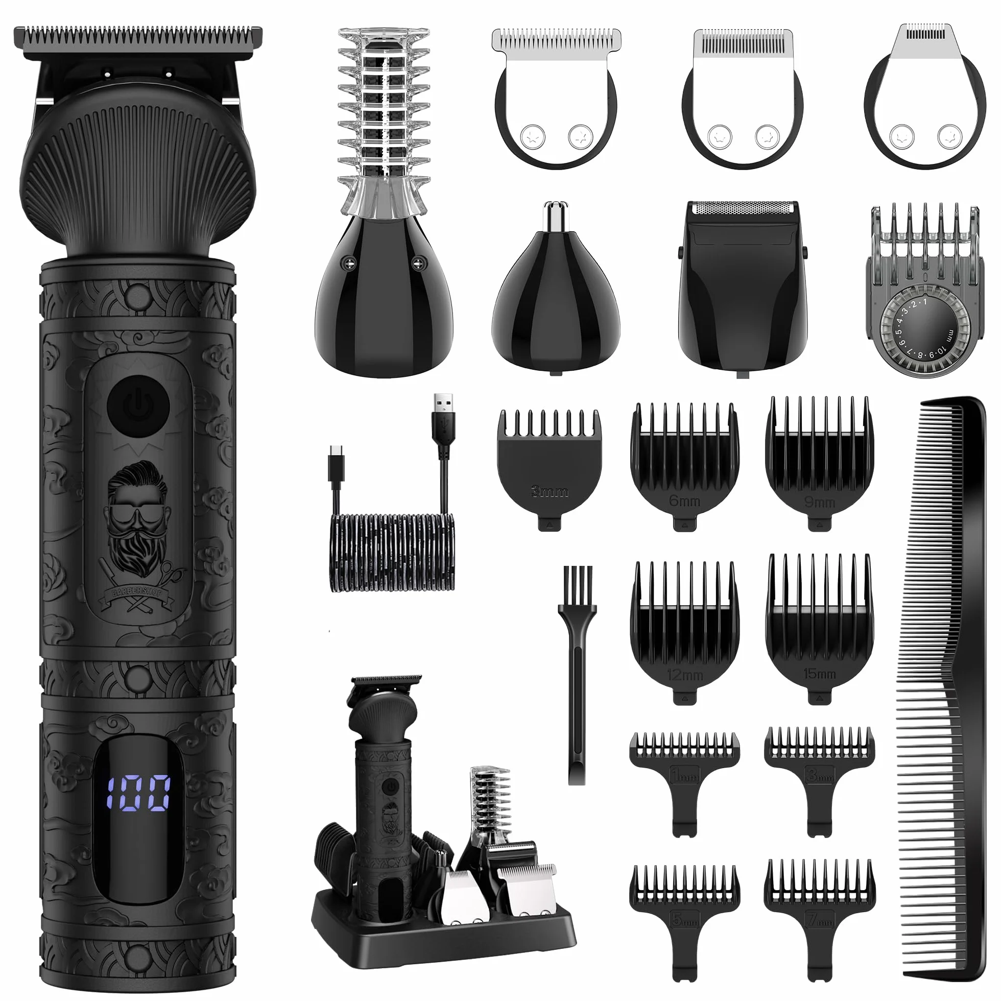 Scttomon Tondeuse à Pour Hommes Pro Kit Tondeuse à Pour Hommes T - Blade Rasoir éLectrique Rasoir Nez Corps Tondeuse à Cheveux Kit Sans Fil 7 En 1 Noir