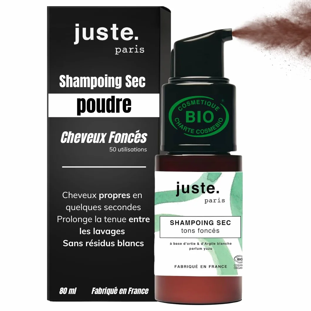 Juste Paris Shampoing Sec Poudre Bio - Cheveux Foncés – Sans Résidus Blancs - Absorbe l’Excès de Sébum & Rafraîchit les Racines – Permet d’espacer les shampoings – Parfum Yuzu - Sans aérosol