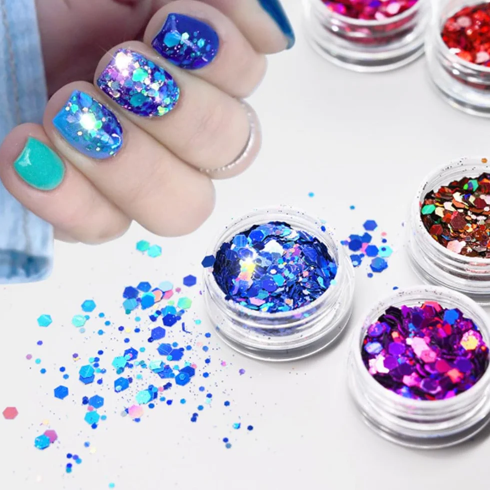 Paillettes pour ongles et maquillage yeux, 24 couleurs holographiques épaisses, lot art de l'ongle fête