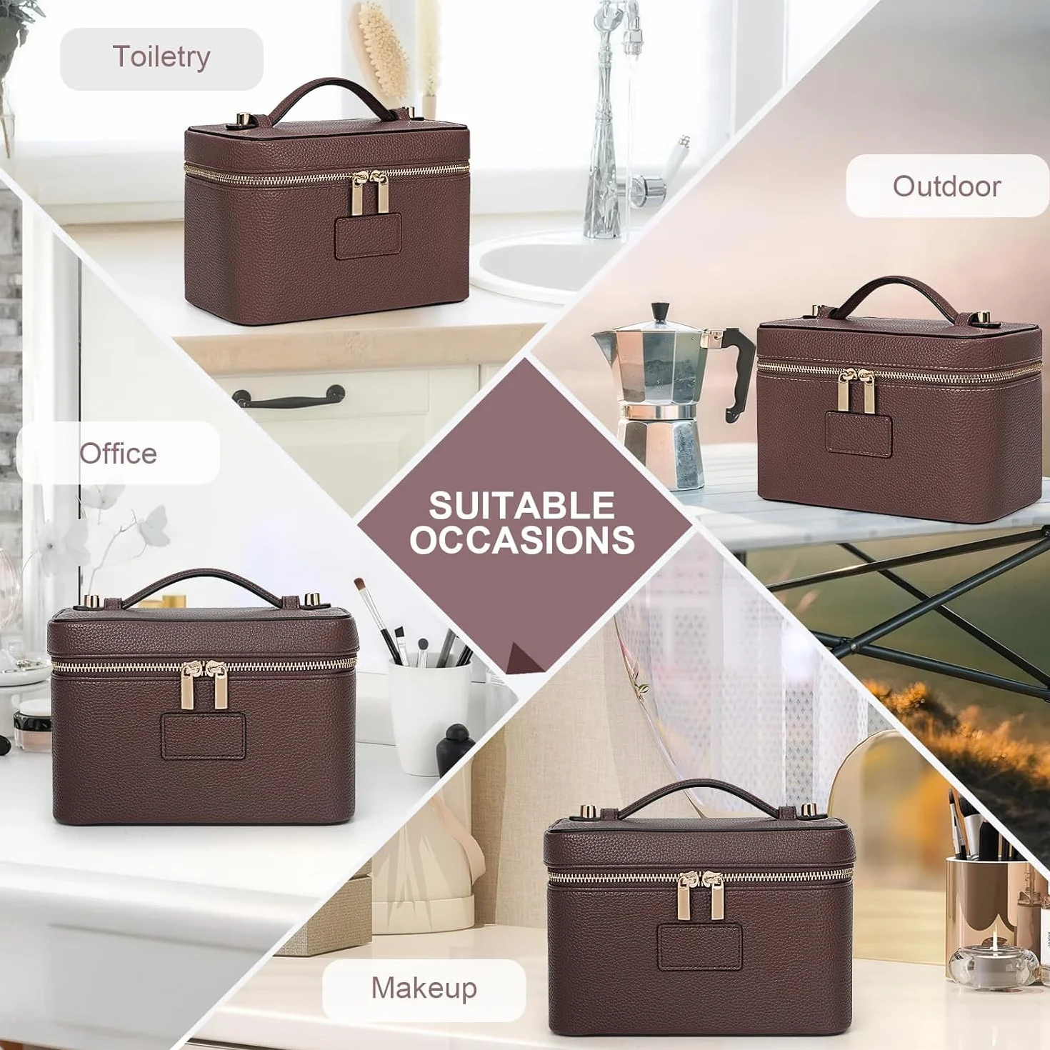 Trousse de Maquillage en Cuir Femme, Trousse de Toilette Voyage avec Compartiments Amovibles, Pochette Rangement Maquillage Portable (Café)