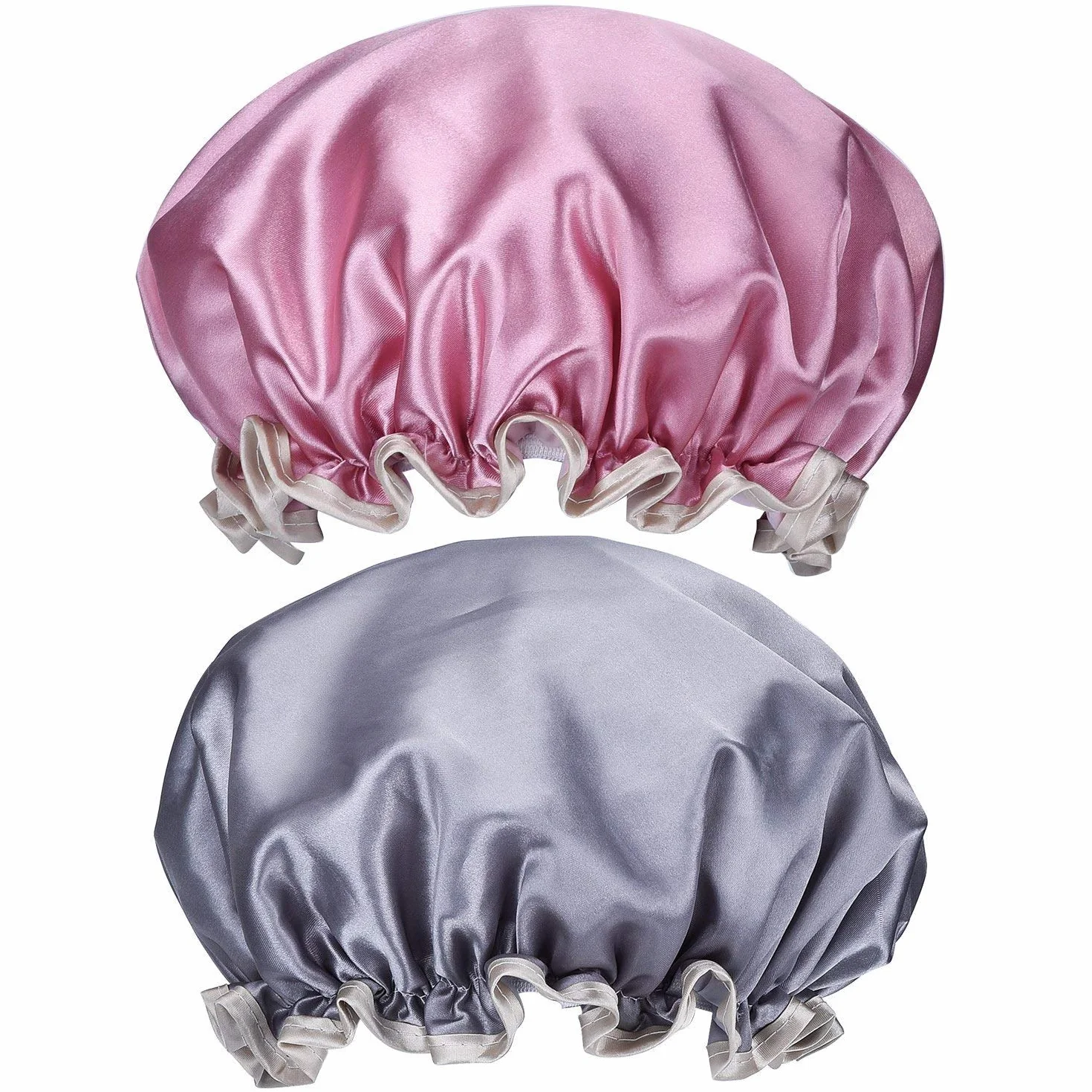 Lot de 2 bonnets de douche imperméables réutilisables double couche élastiques pour femme Rose Gris