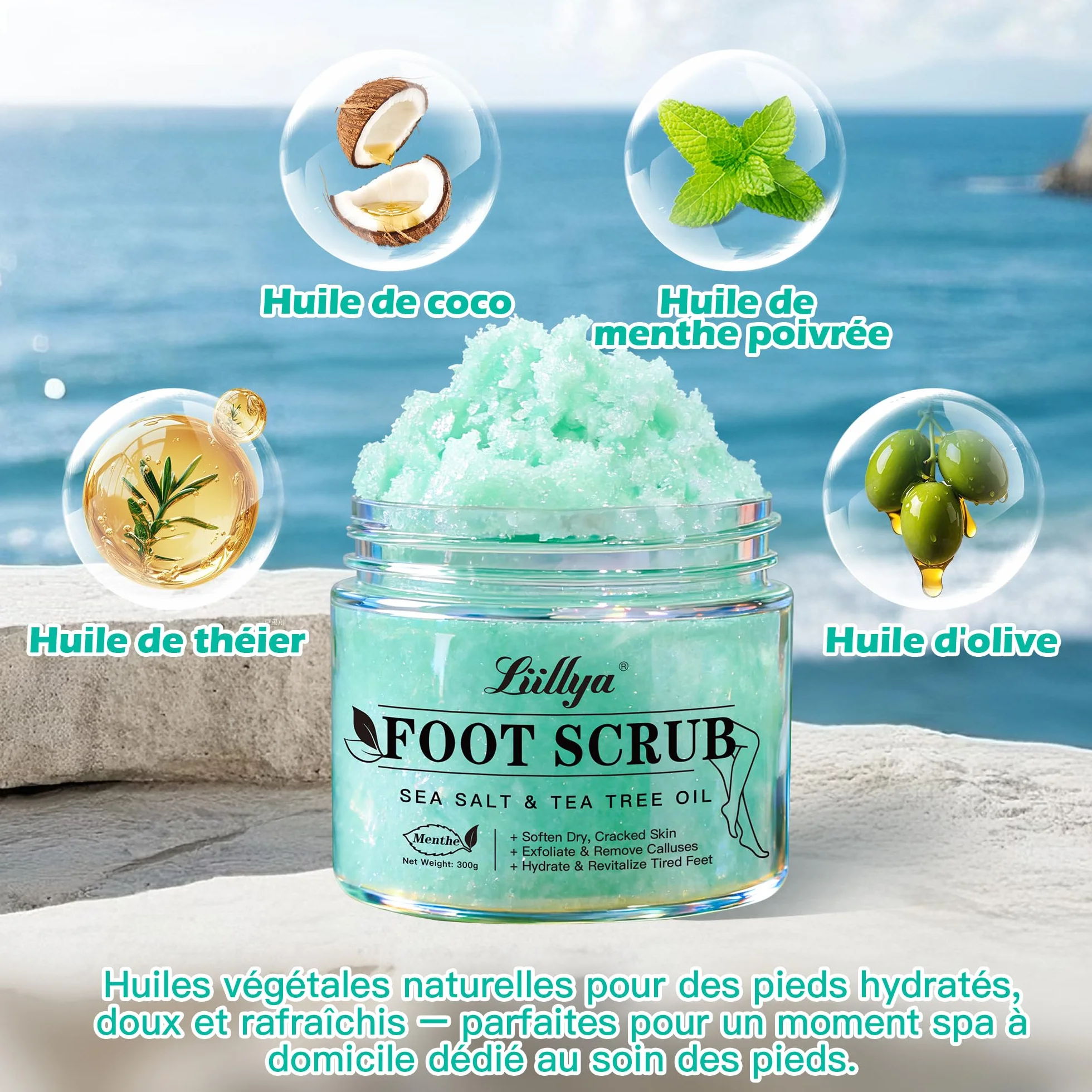 Gommage Corps & Pieds Naturel au Sel Marin, Arbre à Thé & Menthe Poivrée – Exfoliant Hydratant pour Peau Sèche, Talons & Callosités, 300g