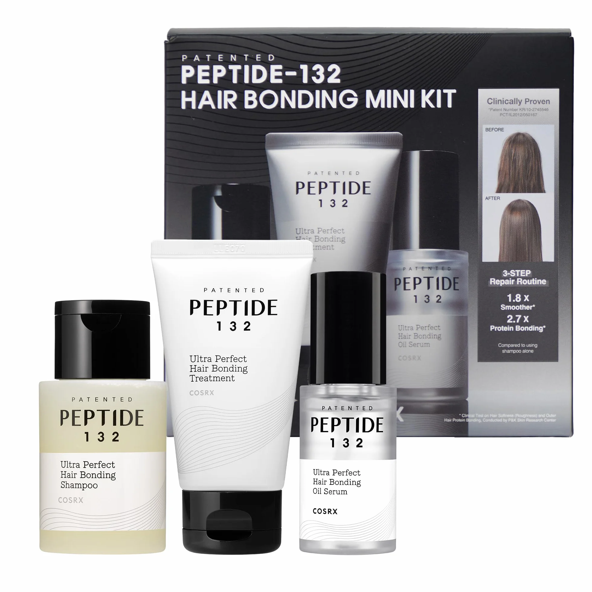 COSRX PEPTIDE 132 Hair Bonding Mini Kit (shampooing 100 ml + traitement 60 ml + sérum à l'huile 28 ml), réparateur et renforcement des cheveux endommagés
