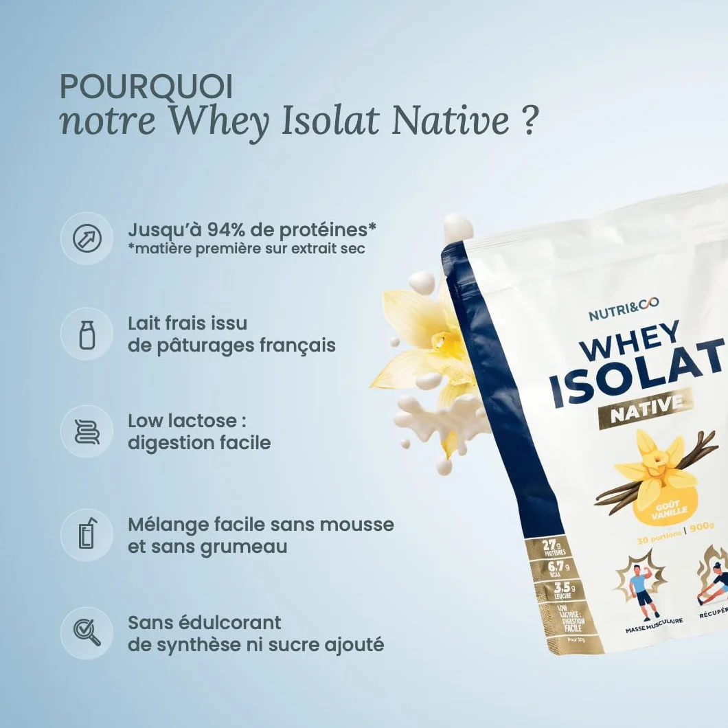 NUTRI & CO Whey Isolate Native 94% Protéines Pur Lait Français Low Lactose BCAA 900g Vanille