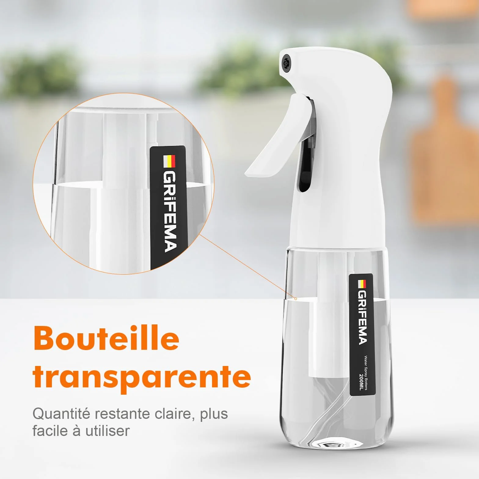GRIFEMA Pulvérisateur d’Eau 200 ml Blanc – Spray Réutilisable à Brume Fine GE2003W-200