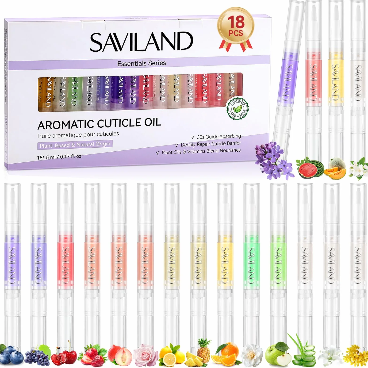 Saviland Stylo Huile pour Cuticules 18 PCs : Huile Végétale à Absorption Rapide avec Vitamine E pour Réparation des Cuticules et Ongles Secs