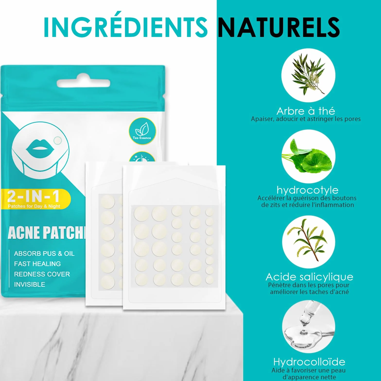 Patch Bouton Hydrocolloïde Acne Patches Anti Bouton Invisible Naturel Huile De Tea Tree Acide Salicylique 2-En-1 Imperméable