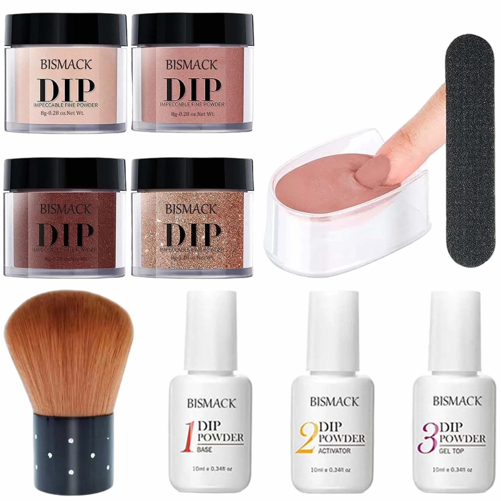 Kit de poudre de trempage pour ongles 10 pièces 4 couleurs avec activateur base/couche finition marron