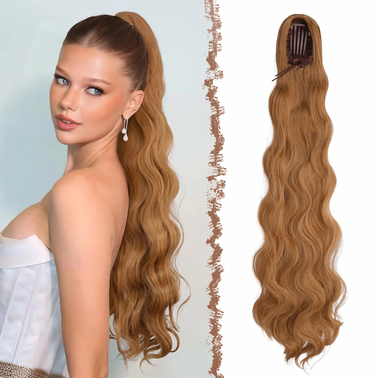 FESHFEN Ondulés Queue de Cheval Extension avec Cordon, 75cm Longue Ponytail Cheveux Naturel Peigne Clip in Postiche Cheveux Synthétique Blond Fraise Extension Cheveux pour Femmes