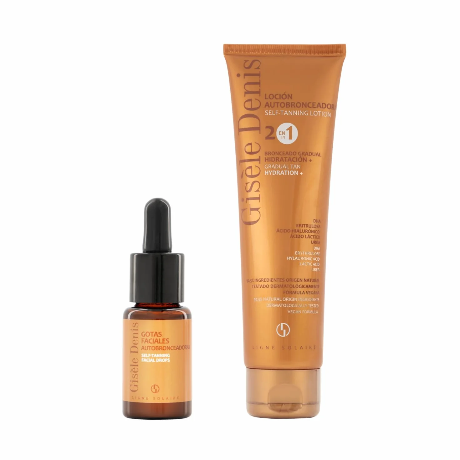 GISÈLE DENIS - Pack Autobronzant, Gouttes Autobronzantes Visage 15 ml + Lait Autobronzant Corps 150 ml, Bronzage Progressif, avec DHA, Érythrulose, Acide Hyaluronique et Arginine, Formule Vegan