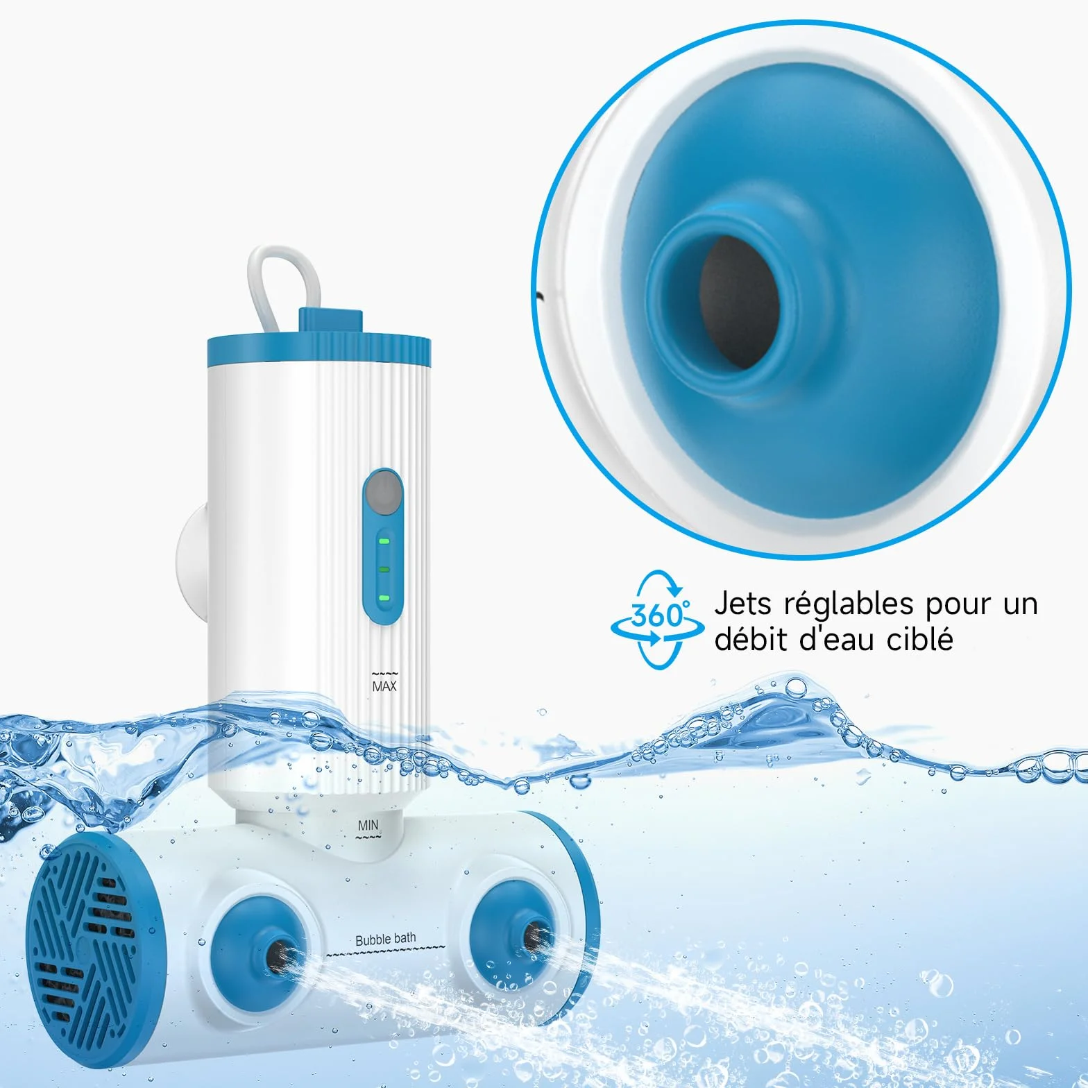 Jets pour baignoires balnéo portable double jets, débit d'eau 3 niveaux, batterie sans fil 5000 mAh