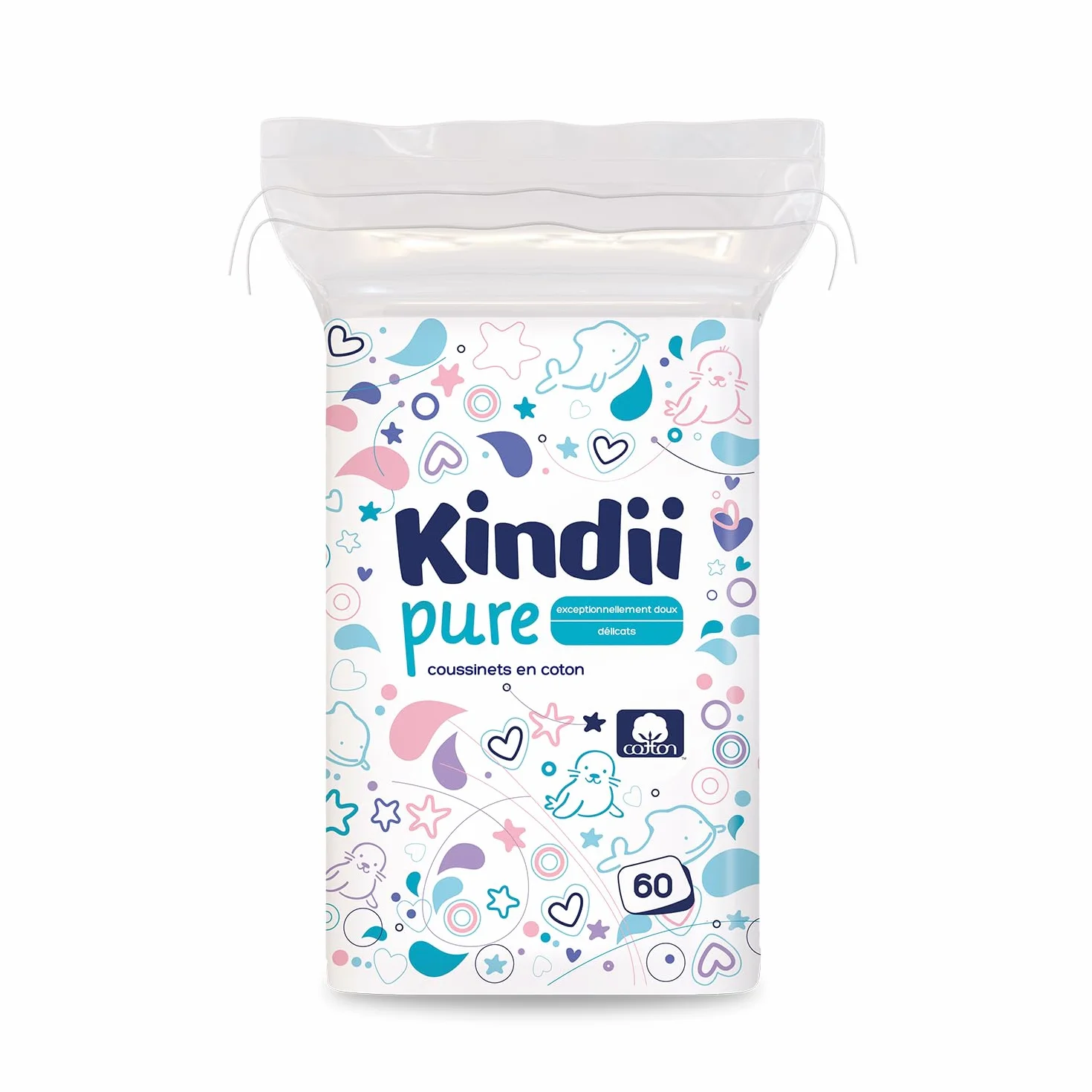 Kindii Tampons Carrés pour Bébé 100% Coton 60 Pièces