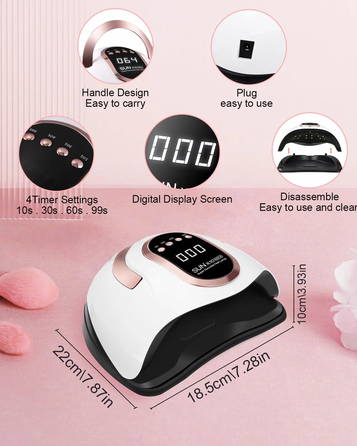 220W LED Nail Polish UV Lamp, Professional LED UV Nail Polish Dryer | With 60 Lamp Beads, 10/30/60/99S Fast Drying, For All Gels, Automatic Nail Polish Machine (rose)