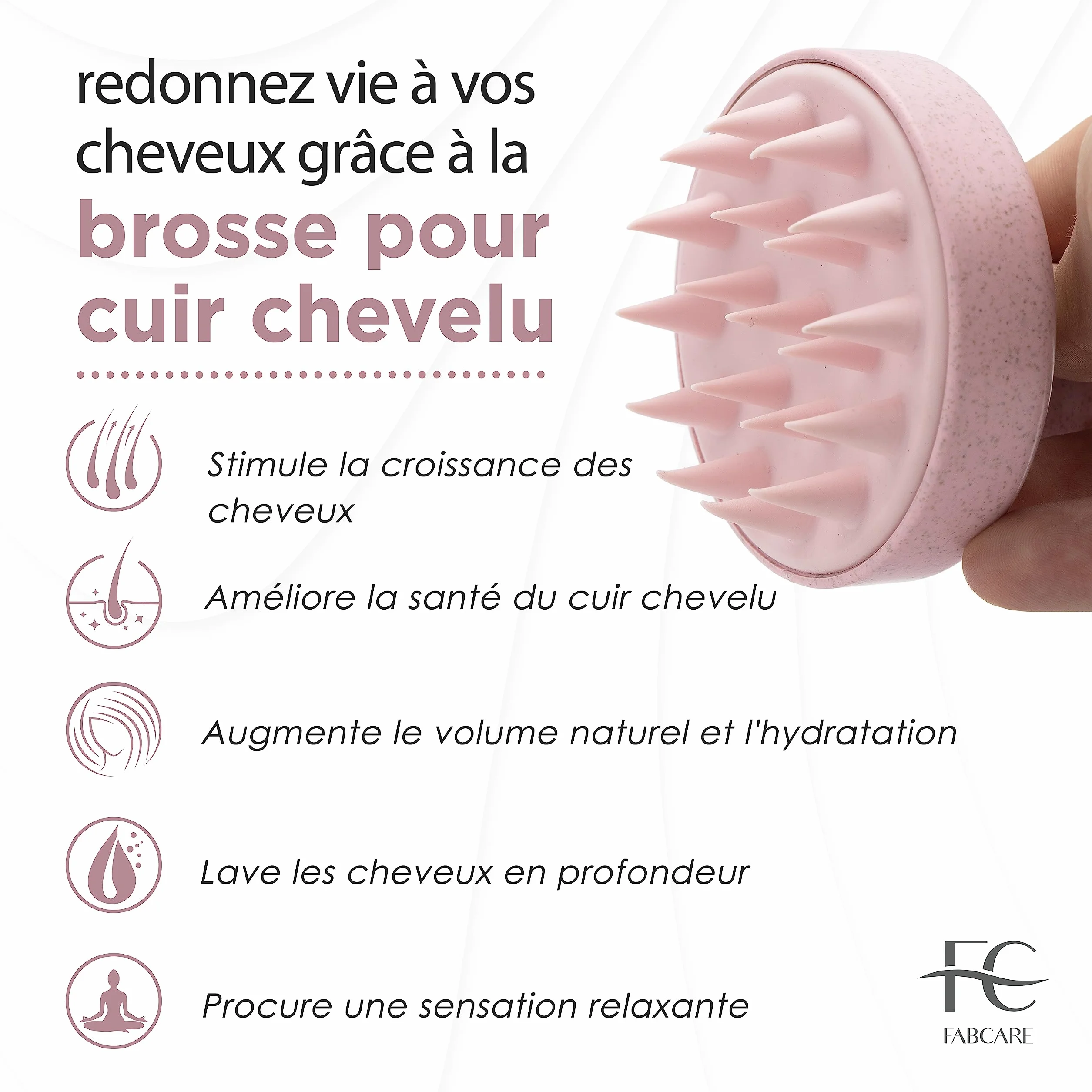 FABCARE Brosse Cuir Chevelu Masseur Pousse Cheveux Paille de Blé Silicone Gommage Humides Secs Circulation Sanguine Stimulation Massage (Rose)