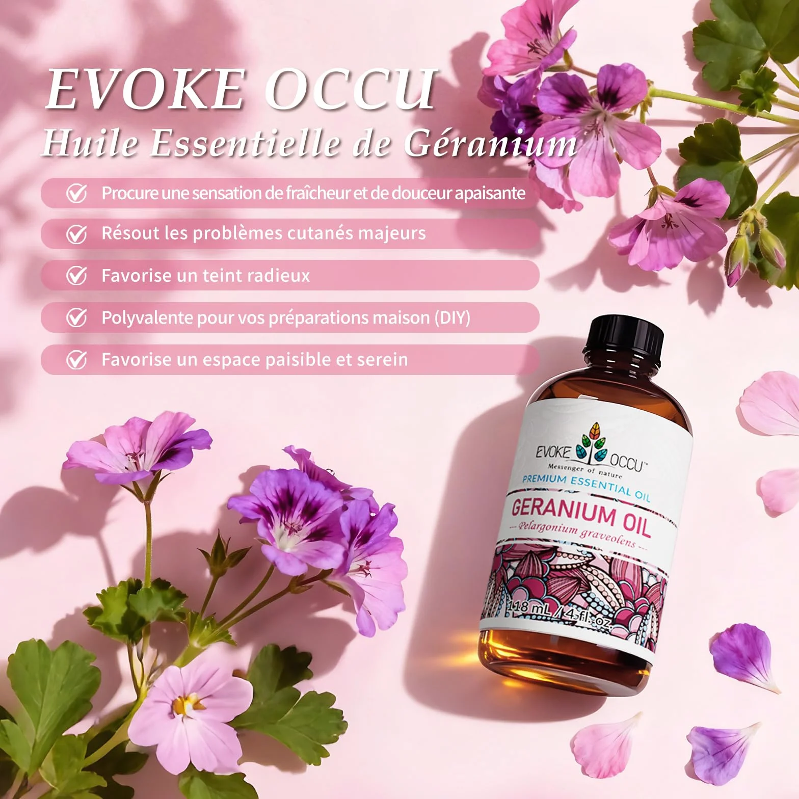 Huile Essentielle de Géranium EVOKE OCCU 118 ml Pure pour Peau, Cheveux, Massage et Aromathérapie