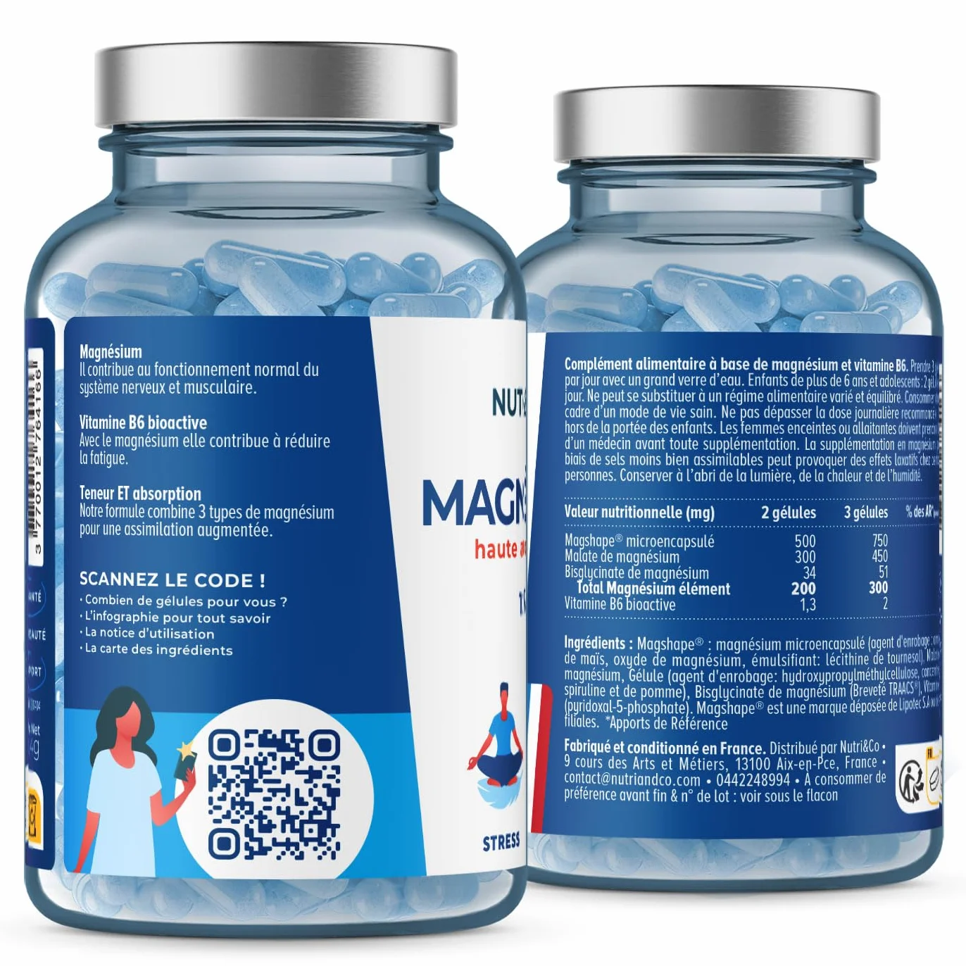 NUTRI & CO Magnésium Bisglycinate Malate & Liposome + Vitamine B6 300mg/j Haute Absorption 120 gélules Fabriqué en France