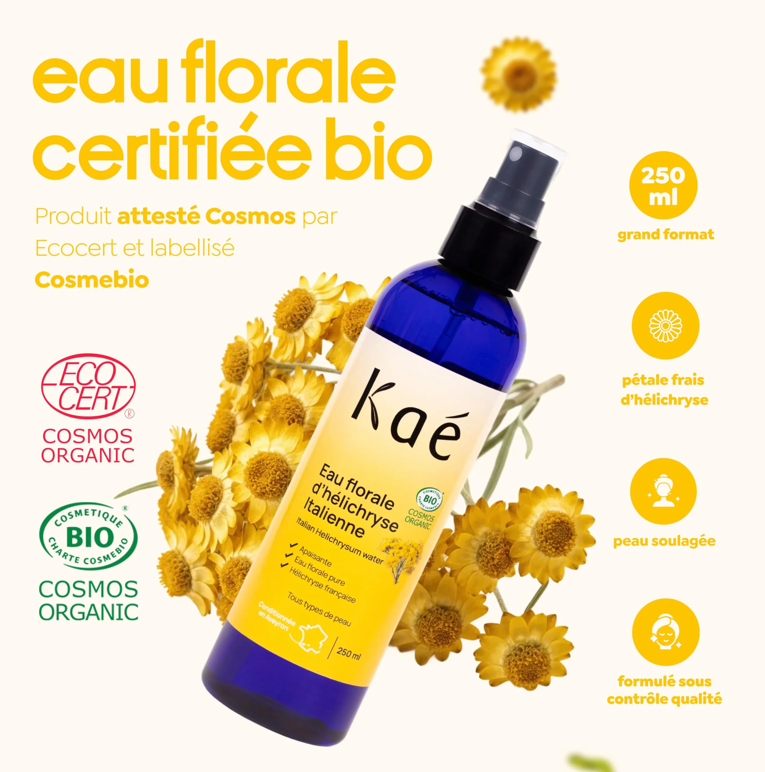 KAÉ Eau Florale d'Hélichryse Italienne Bio 250ml Lotion Tonique Apaisante Fabriquée en France 99,8% Naturelle