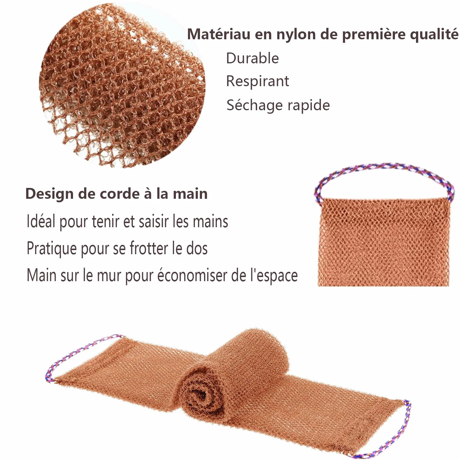 Filet de Bain éponge Exfoliante Gommage Corps 3 Pcs Doux Durable Bleu Violet Marron