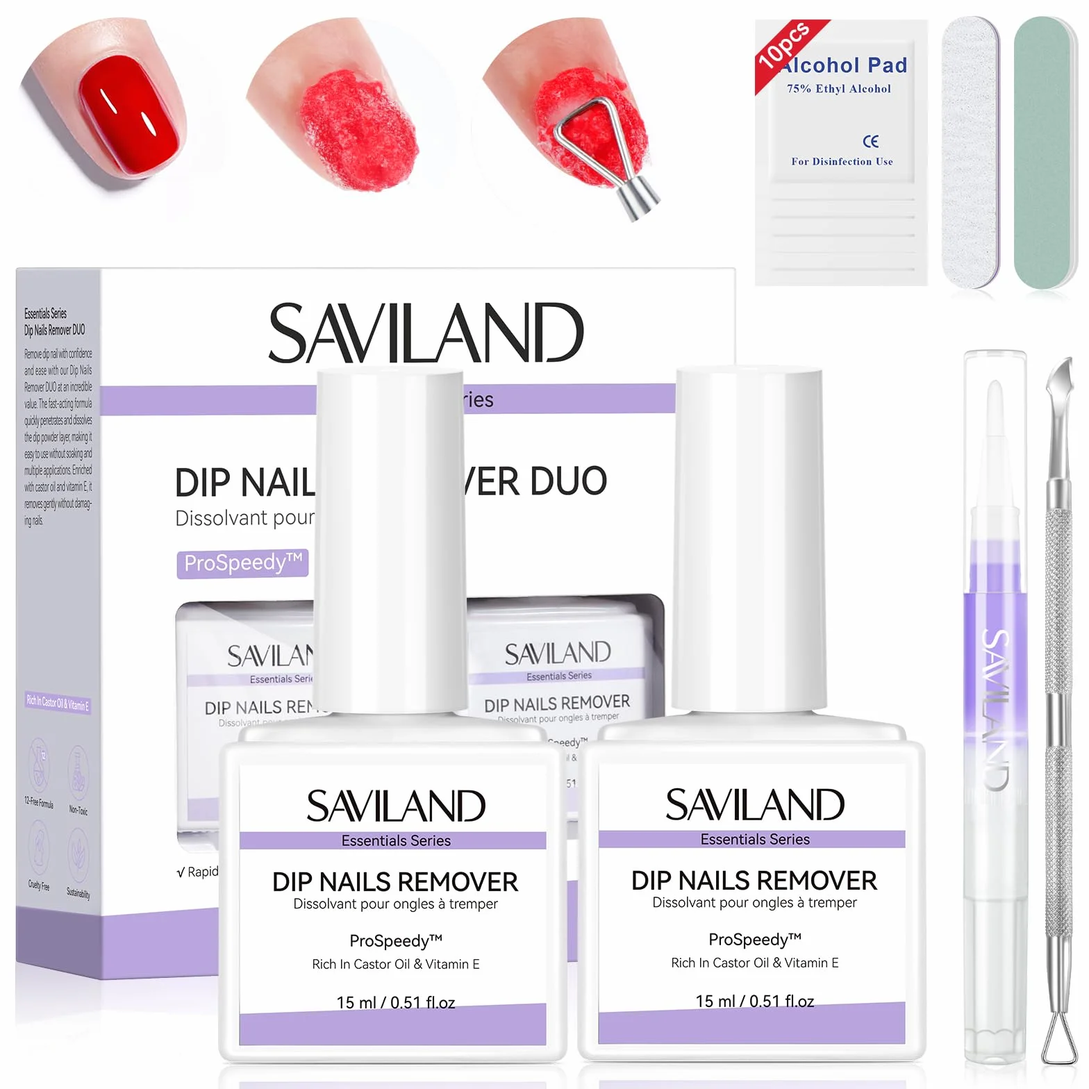SAVILAND Dissolvant pour Ongles en Poudre Dip 2 Flacons Pro Retrait Rapide avec Huile Cuticule et Lime
