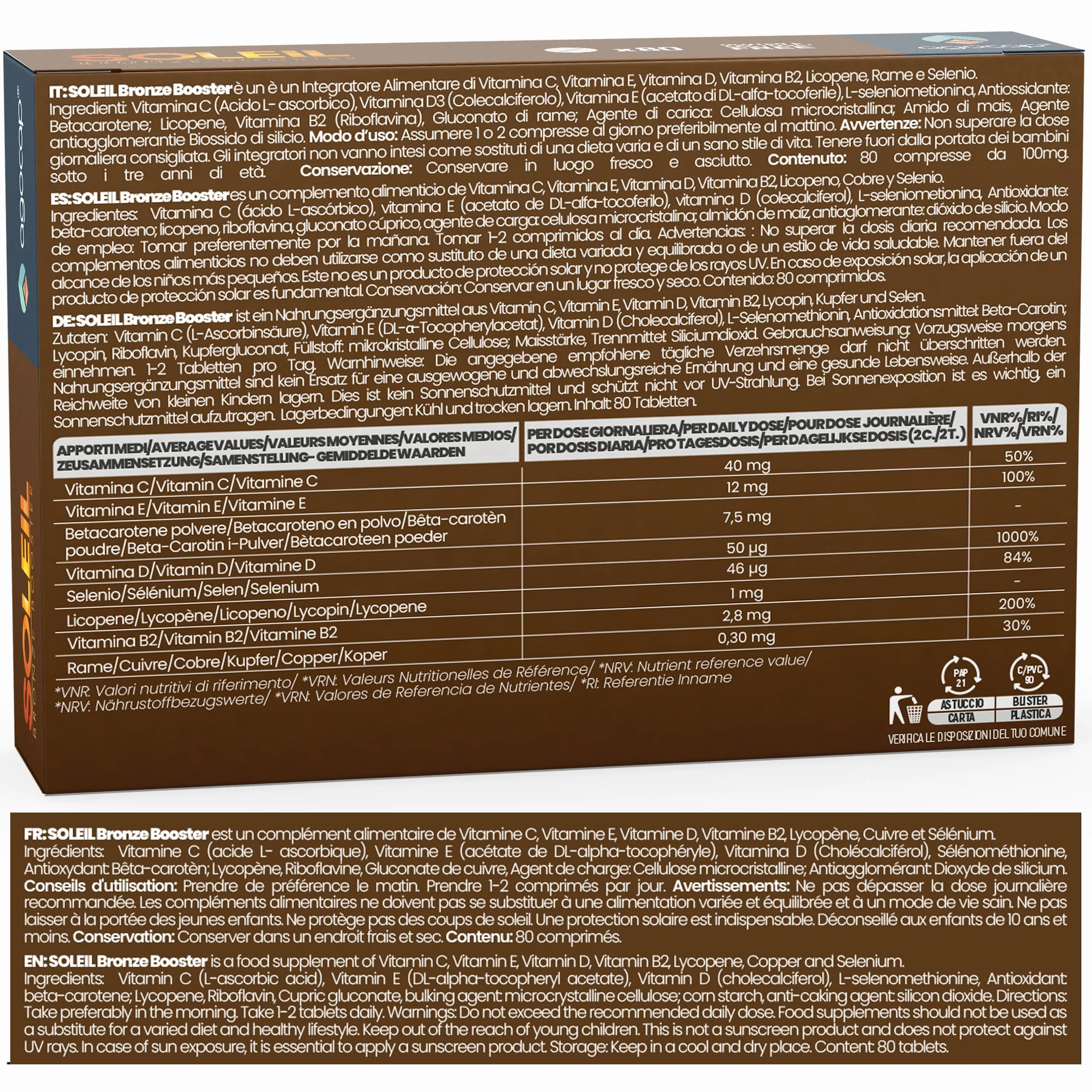 Autobronzant Gélule Accélérateur de Bronzage Bêtacarotène Sélénium Lycopène Vitamines 80 Comprimés