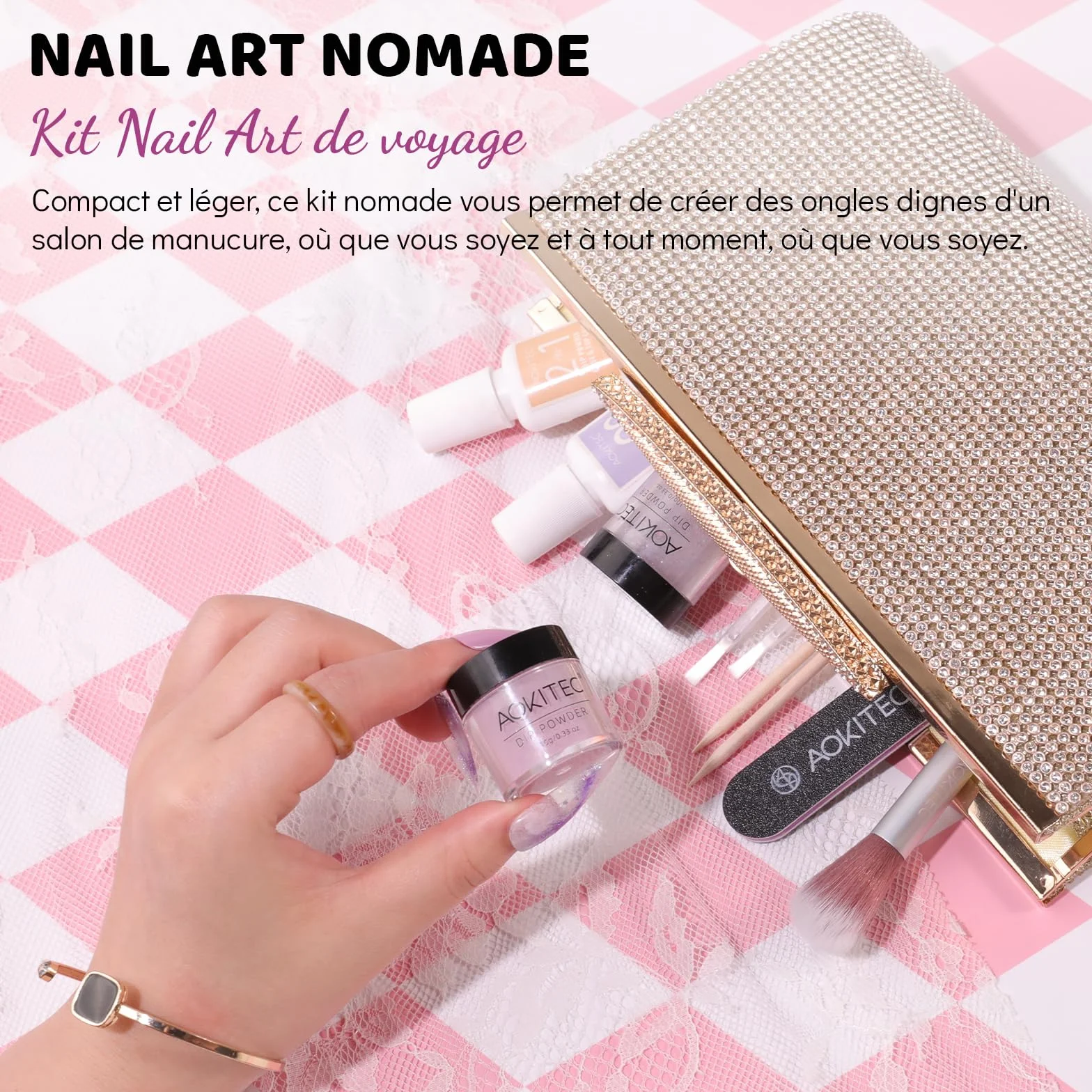 Aokitec Kit de poudre pour ongles en trempage Collection Fêtes violette pailletée liquide trempage pinceau poussière nail art DIY
