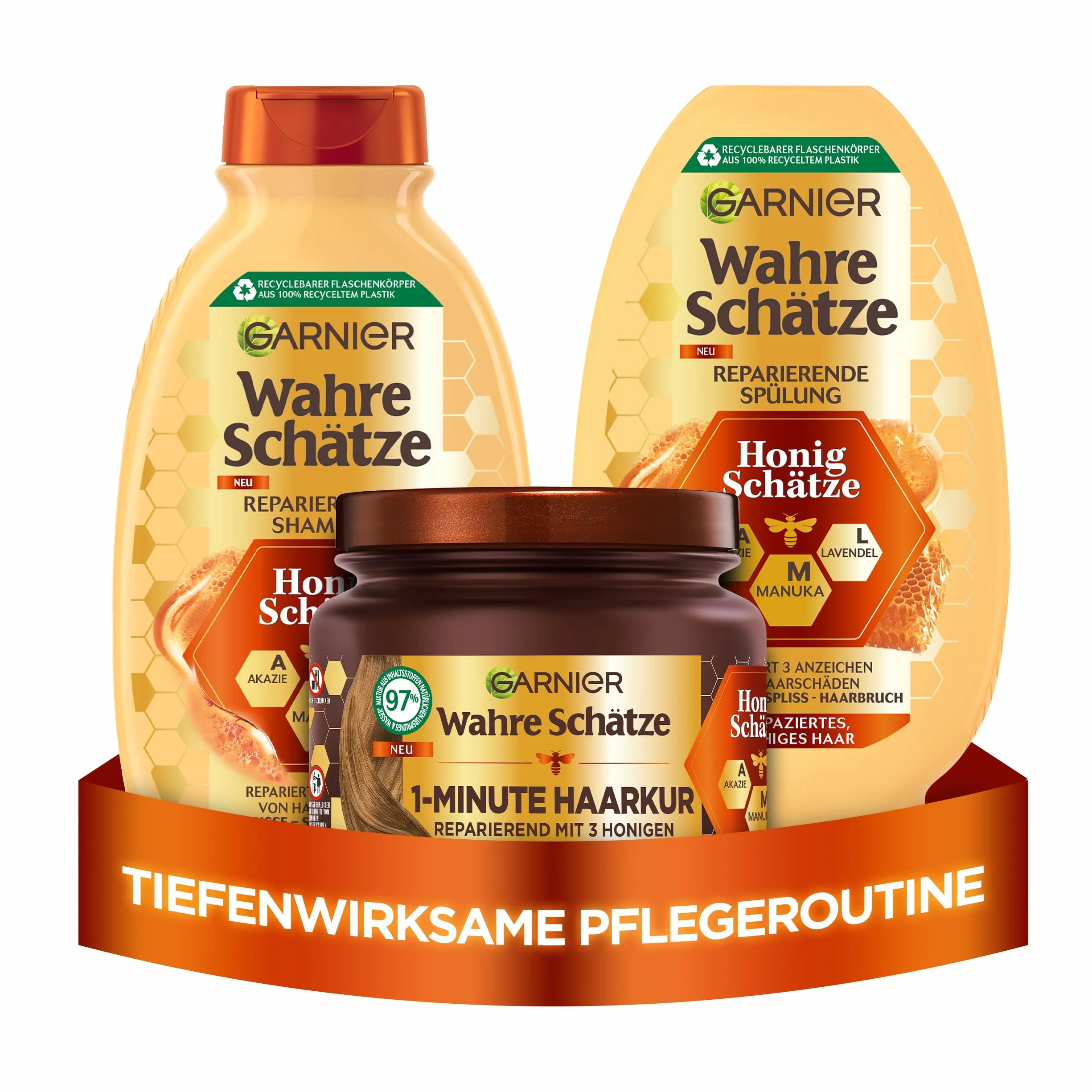 Garnier Wahre Schätze Lot de 3 Soins Cheveux Miel Acacia, Manuka, Lavande Shampoing 250 ml Après-Shampoing 200 ml Cure 1 Minute 340 ml