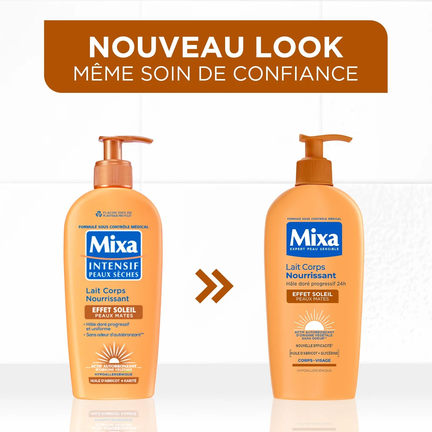 MIXA Autobronzant Lait Corps Nourrissant Effet Soleil Progressif 24H Nutrition Beurre de Karité Huile d’Abricot 250ml