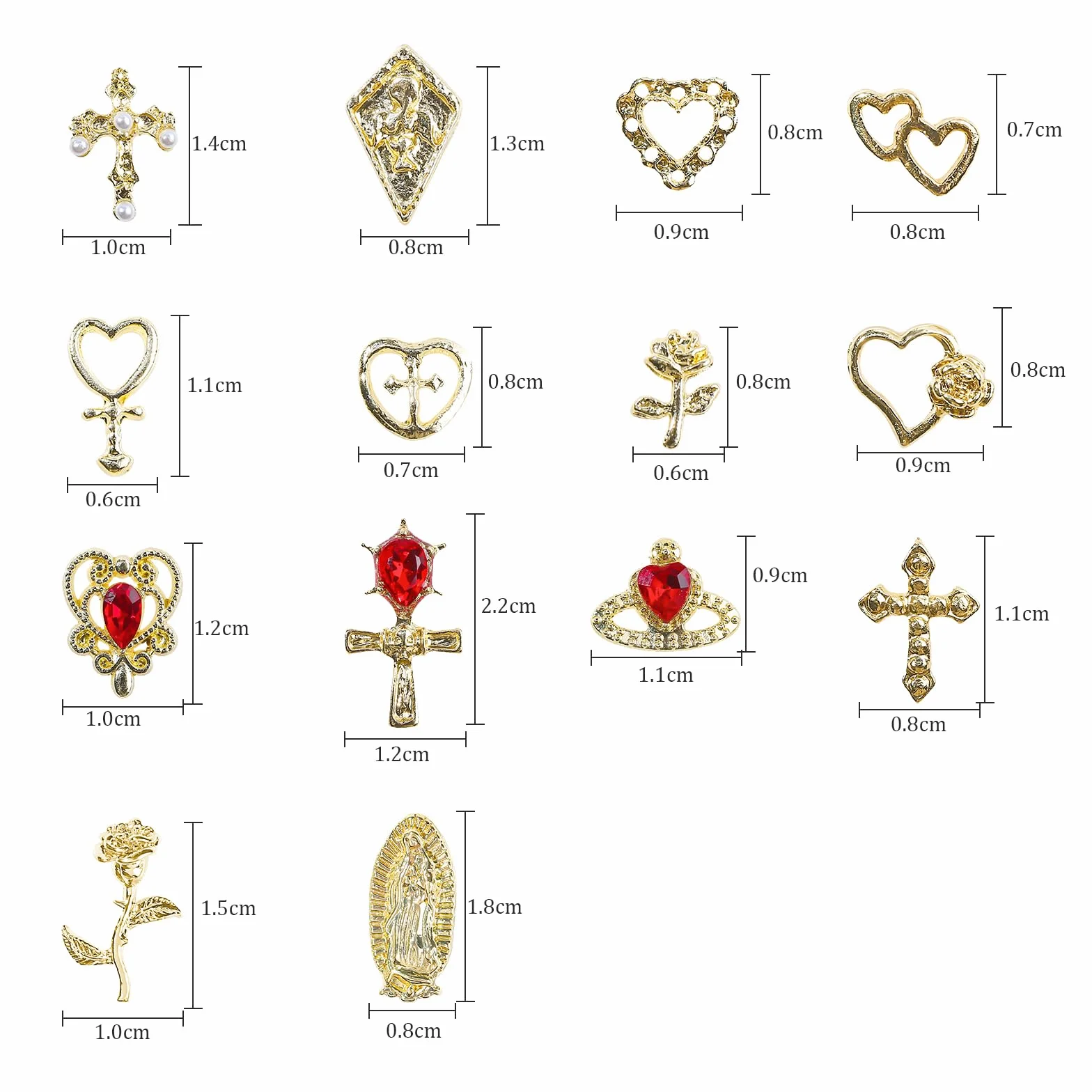 70 Pièces 3D DIY Ongles Charmes Or, Croix Rose Coeur Vierge Marie Décorations d'Art d'Ongle