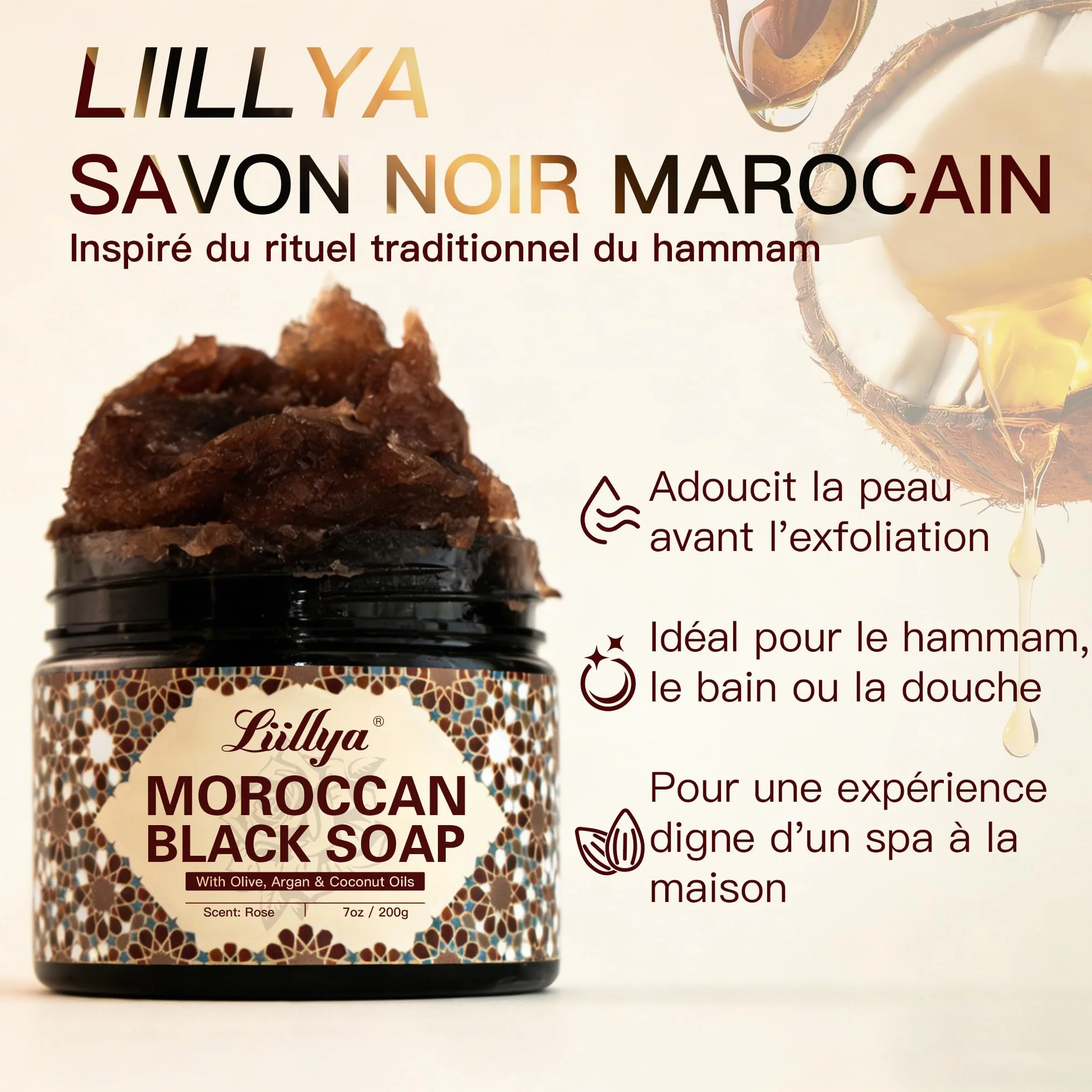 Savon Noir Corps Marocain à l'Huile d'Olive, Argan, Coco & Rose, Beldi Traditionnel Kessa Hammam, Gommage Exfoliant Hydratant, 200g