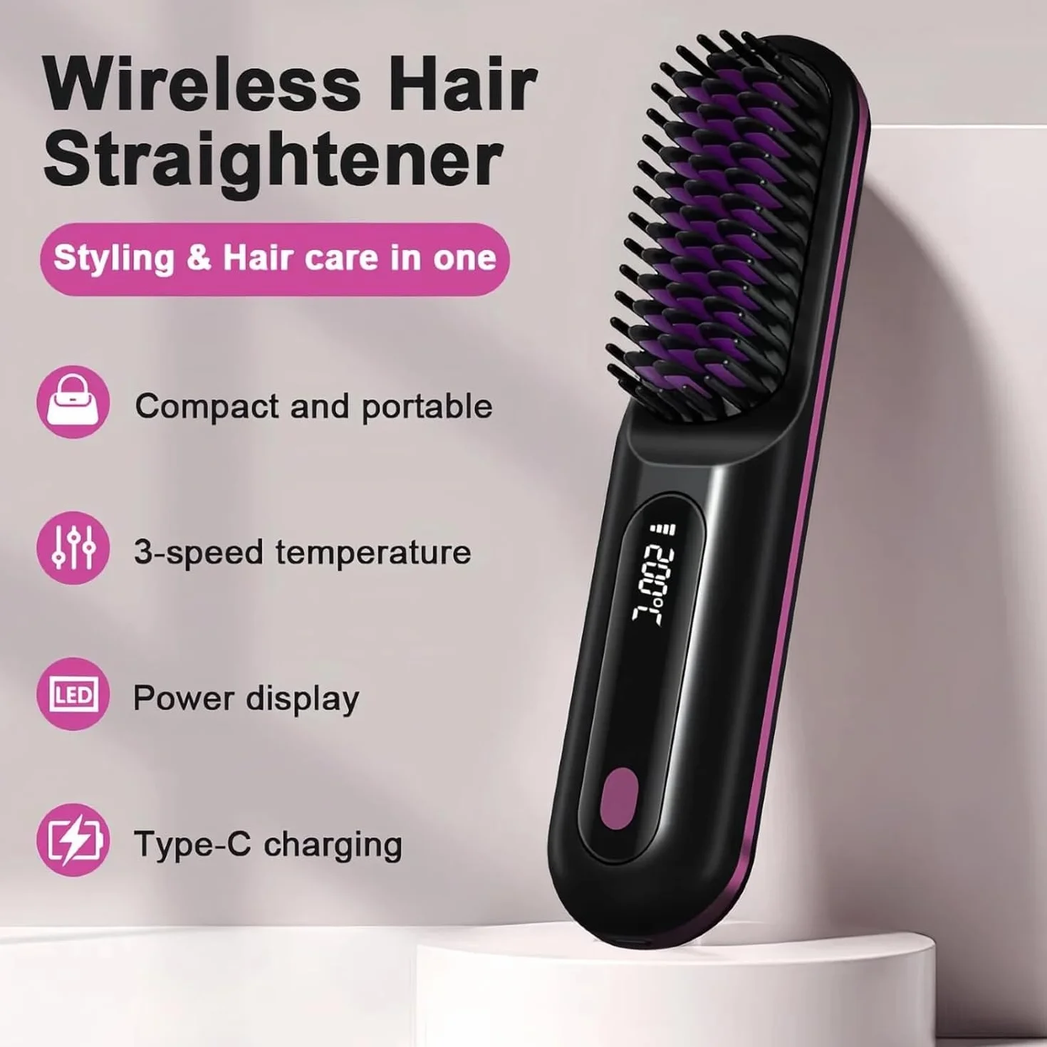 Sans Fil Brosse Lissante Cheveux Court Peigne Chauffant Portable Mini Lisseur Voyage 3 Températures