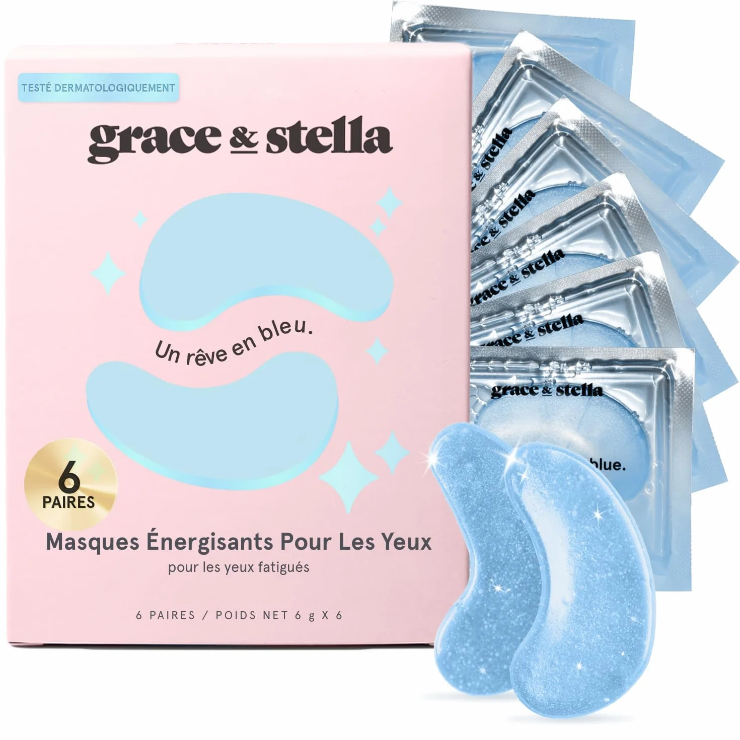 Grace & Stella Masque Yeux Primé Patch Yeux Anti Cernes en Gel 6 Paires Bleu