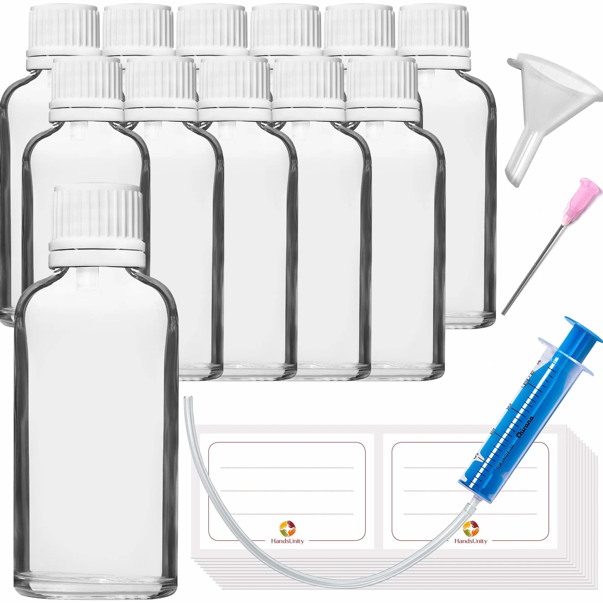 50ml-12 pièces de Flacon à Insert Compte-gouttes - Flacon en Verre Transparent de type Apothicaire avec Bouchon à Insert Compte-gouttes Blanc en Verre Clair comprenant 30 Accessoires