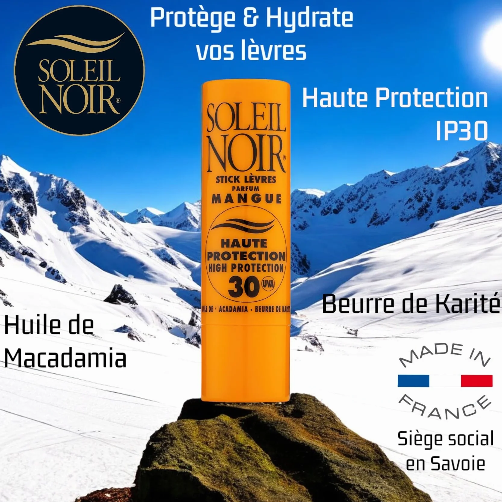 Soleil Noir Stick Lèvres Goût Mangue SPF 30 Haute Protection Solaire Nourrit Hydrate Protège Huile de Macadamia Beurre de Karité Fabrication Française 4g