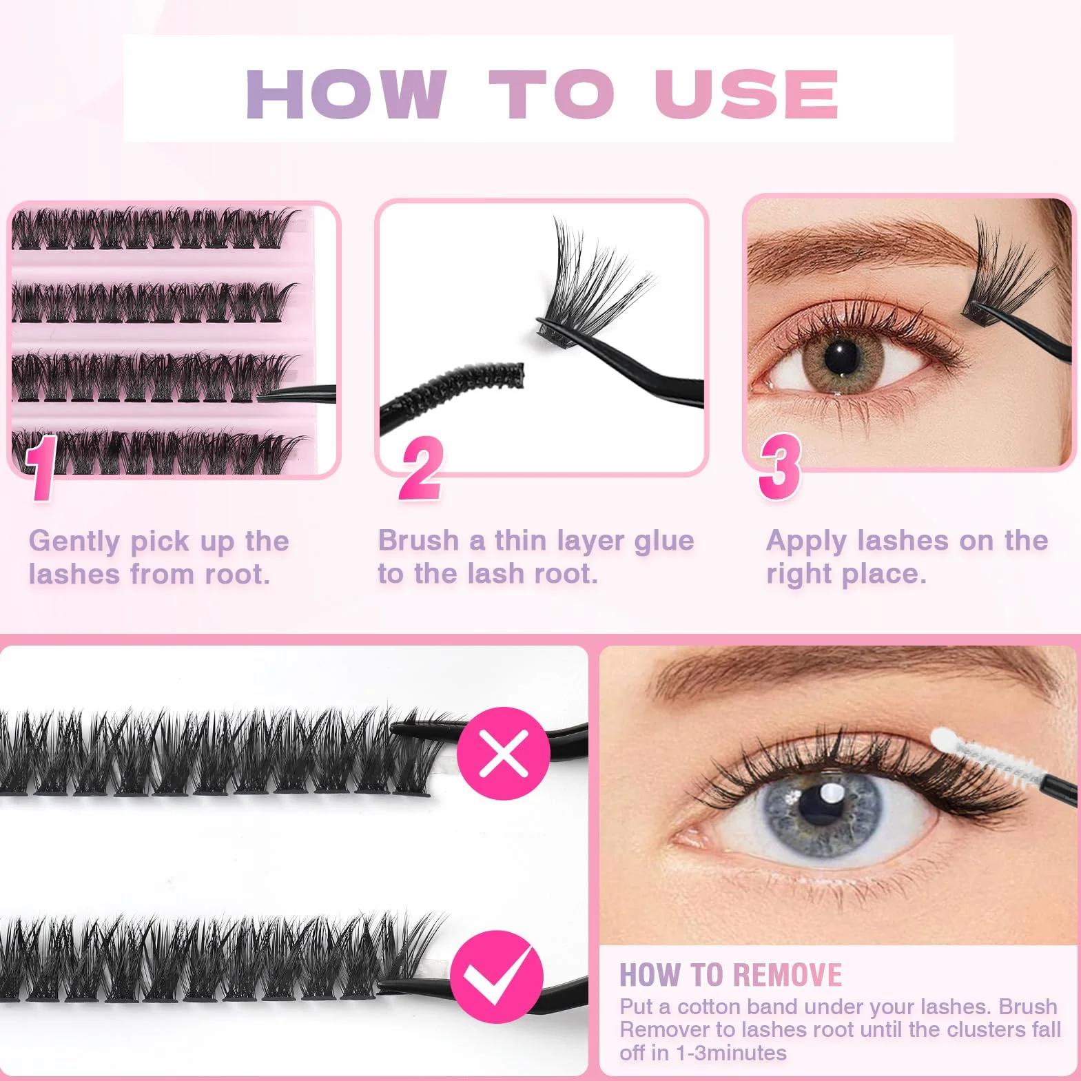 Glowing Win Faux Cils Individuel Kit 60D Extension de Cils Professionnel avec Colle de Cils Bouquet DIY Cluster Lashes