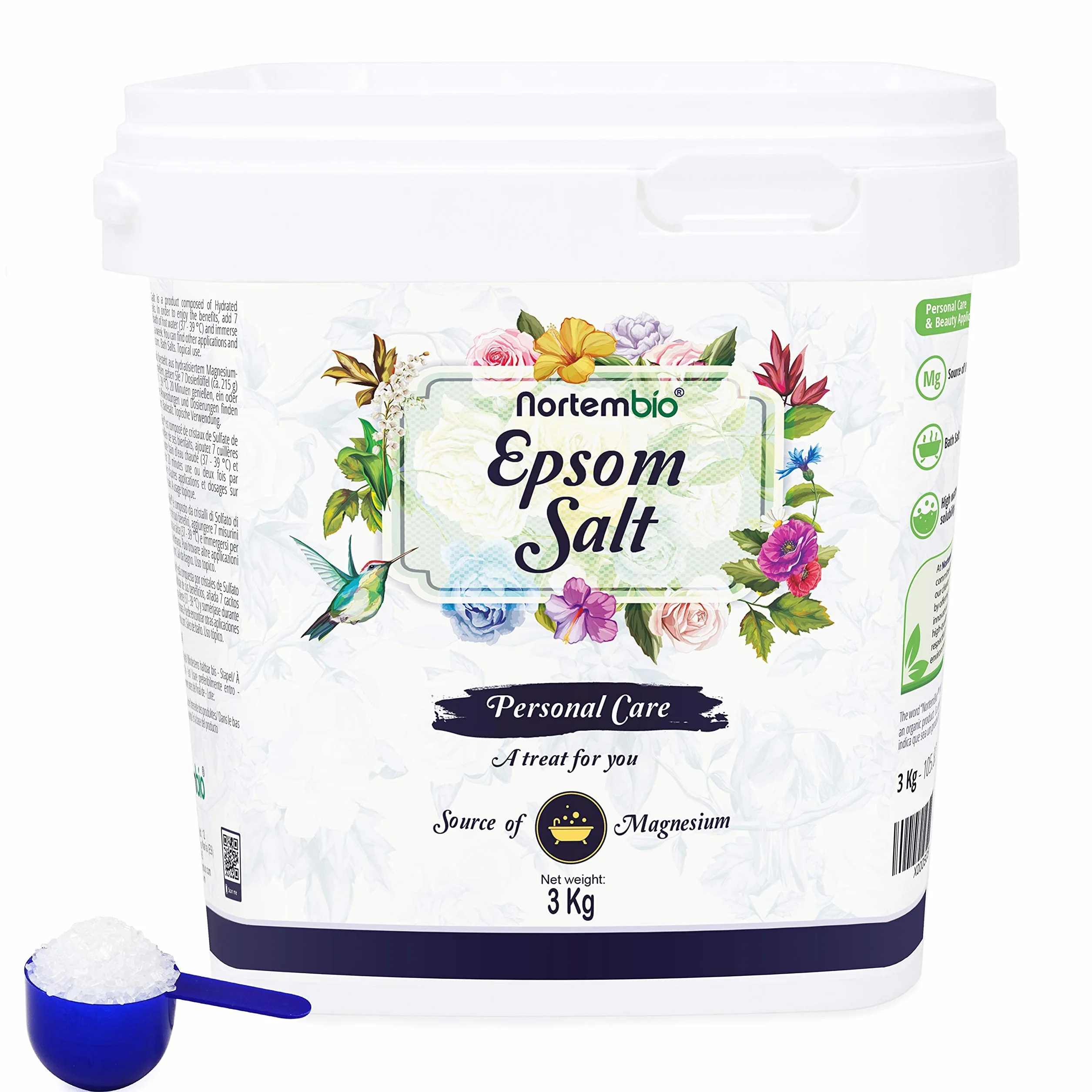 Nortembio Sel d'Epsom 3 kg - Sulfate de magnésium pour bain, relaxation musculaire et exfoliation