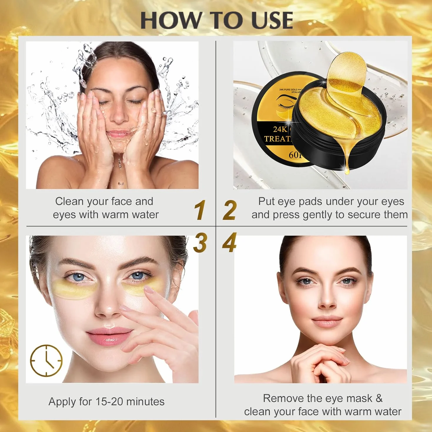 Masque pour les yeux en or 24 carats, patchs de gel sous les yeux, 30 paires (60 pièces)