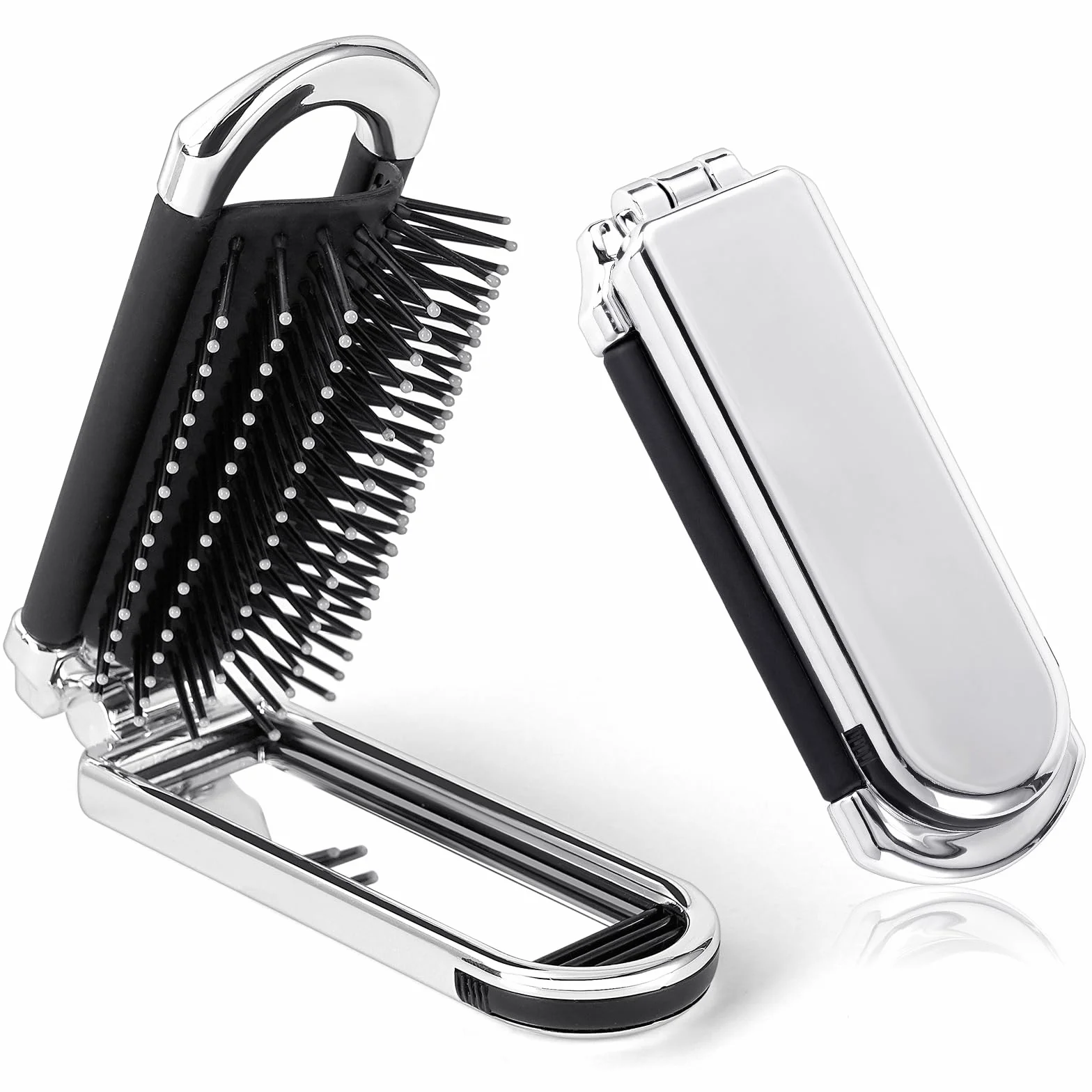 Brosse à Cheveux de Voyage Pliable avec Miroir, Mini Brosse de Poche pour Femme, Argent