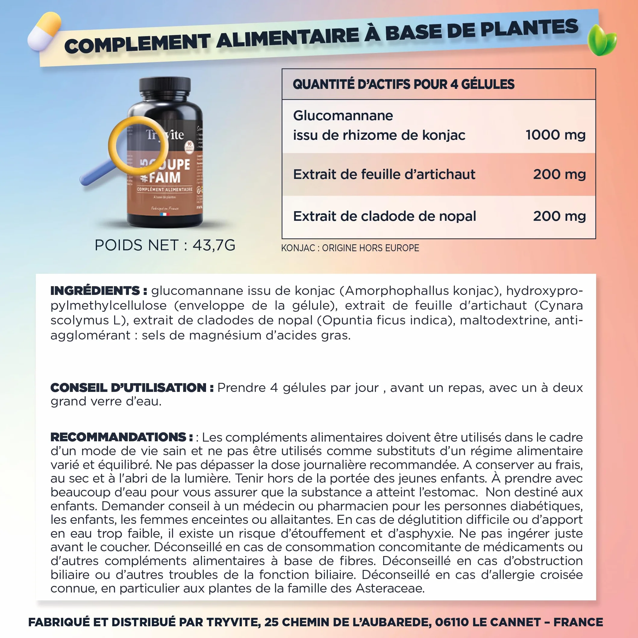 TRYVITE Glucomannane de Konjac 90 Gélules Formule Satiété Gestion des Portions Fabriqué en France
