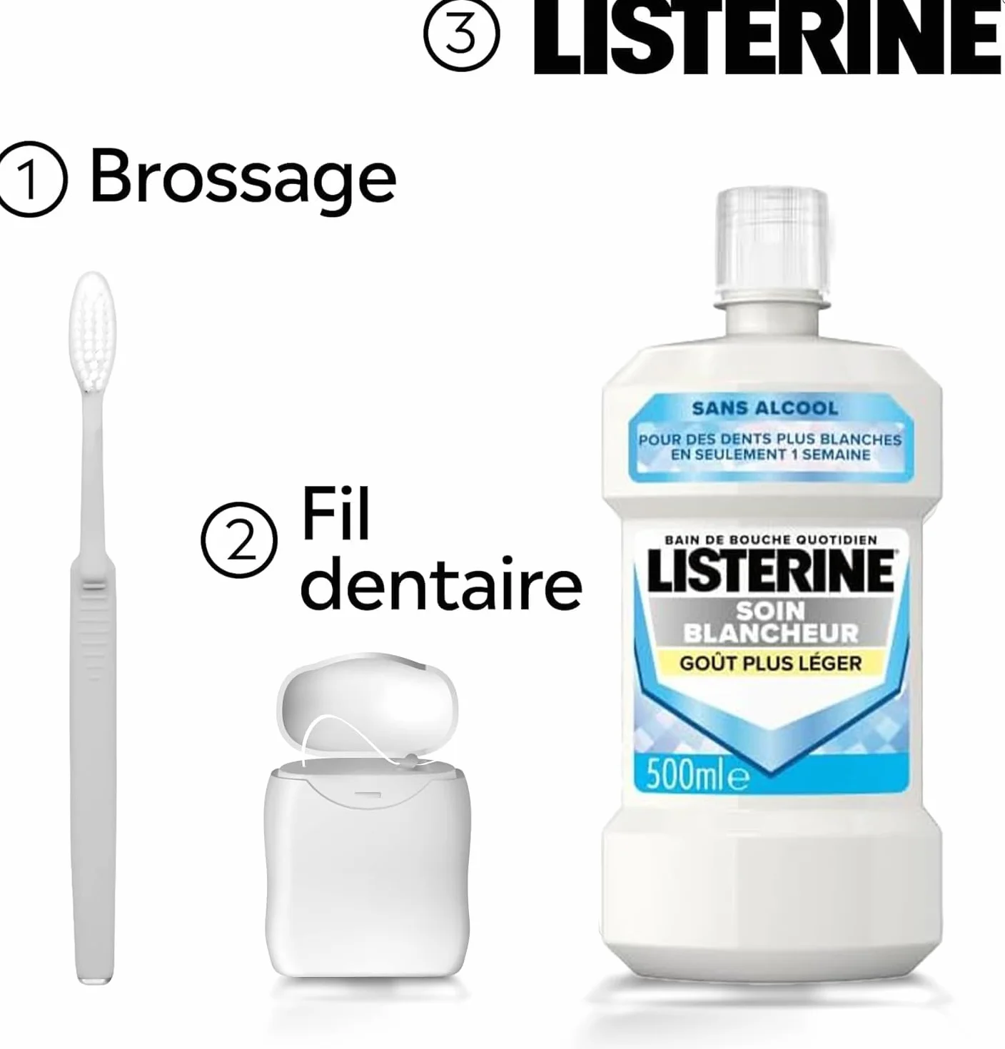 Listerine Bain de Bouche Soin Blancheur Goût Plus Léger 0% alcool Lot de 3 x 500 ml Menthe Douce Sans Alcool