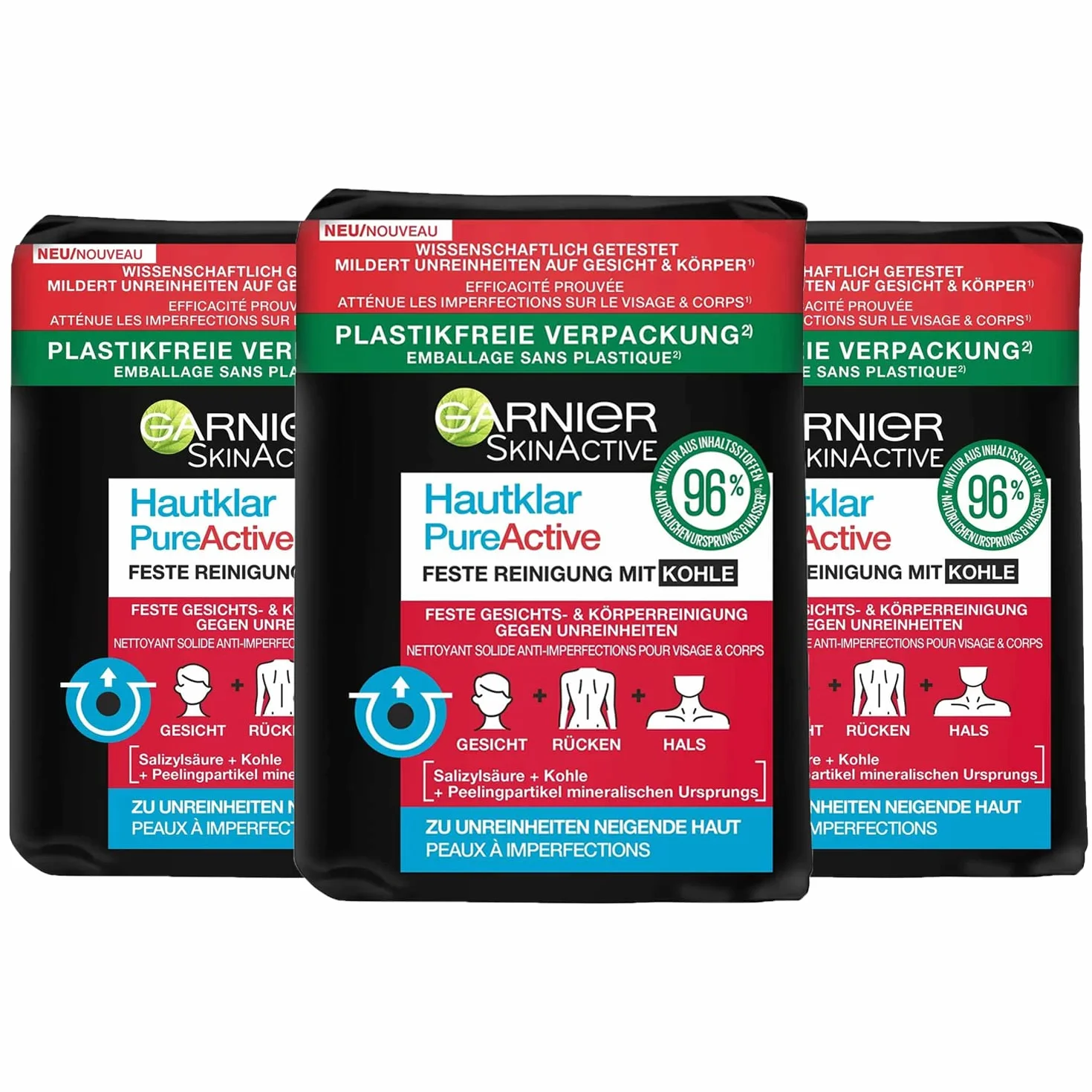 Garnier PureActive Lot de 3 nettoyants solides pour le visage avec du charbon de bois 100 g chacun, 1 paquet