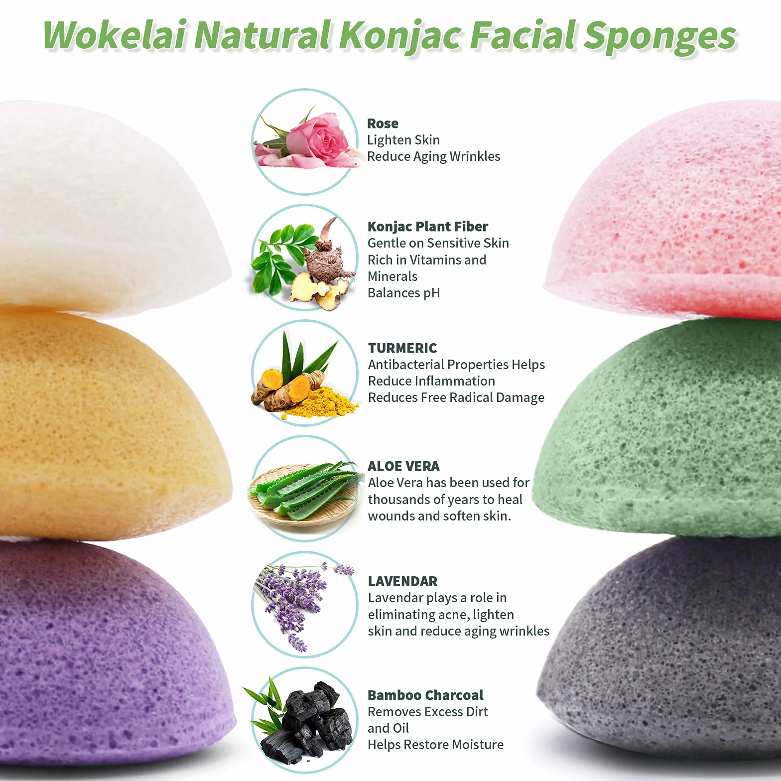 Lot de 6 éponges Konjac naturelles pour le visage avec charbon actif et aloe vera