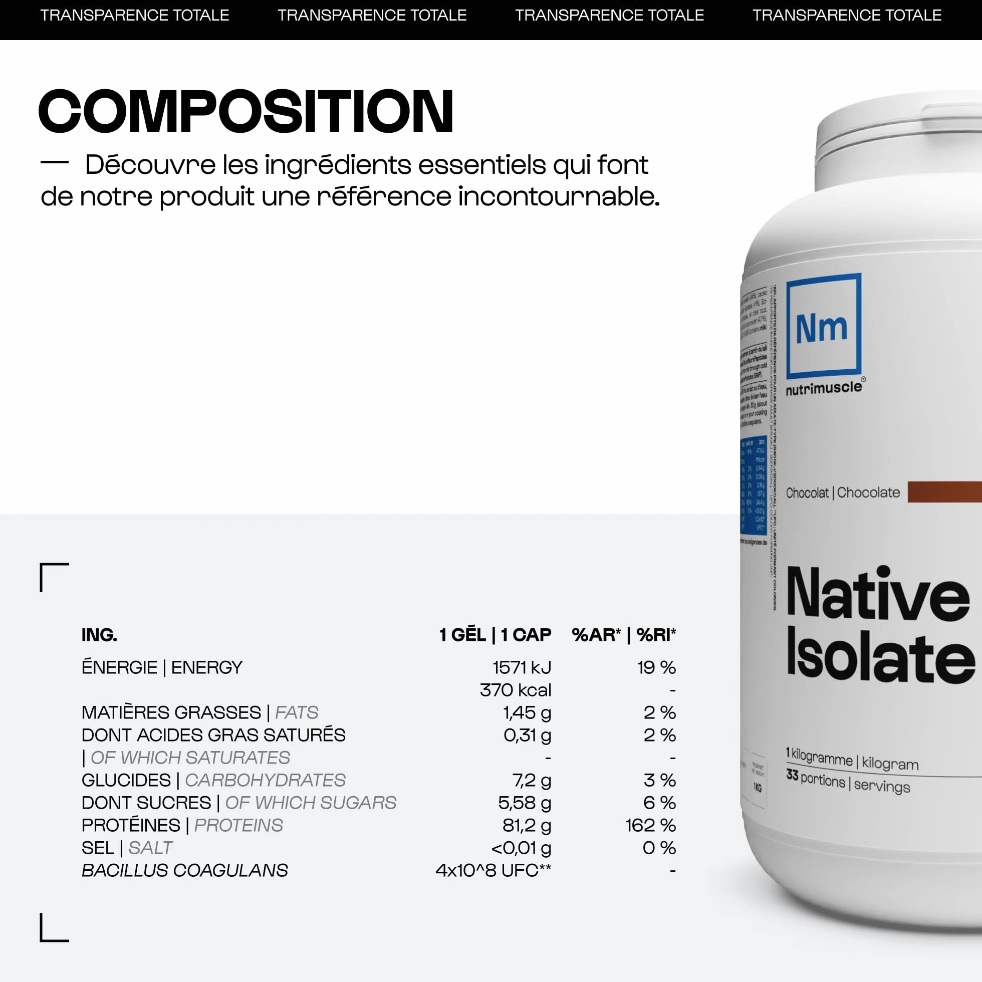 Nutrimuscle Isolat De Whey Native 1kg Vanille Lait Français 85% Protéines Whey Protein Musculation Prise de Masse Musculaire
