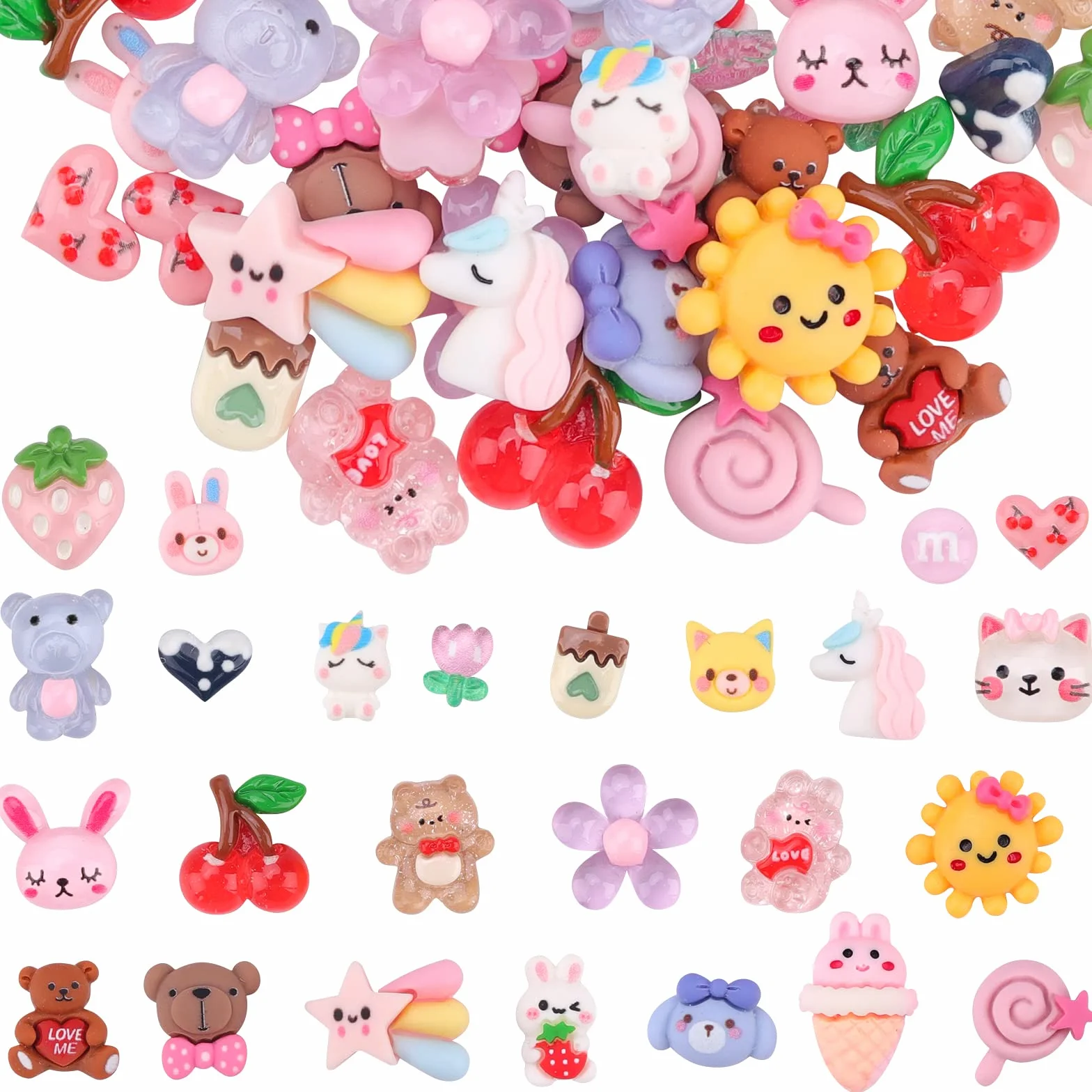 Lot de 100 breloques à ongles Kawaii en résine à dos plat pour fabrication de bijoux
