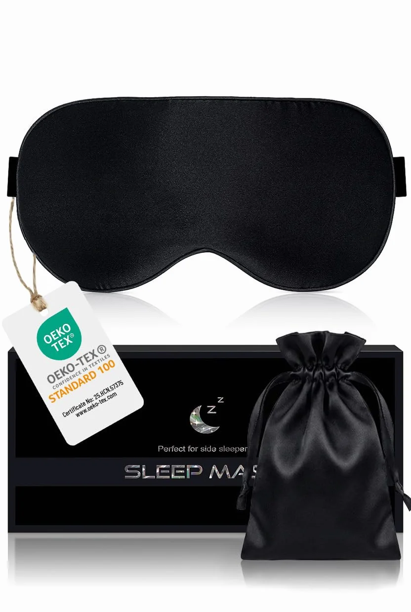 Aosun Masque de Sommeil Antiallergique en Soie Pure 100% Occultant avec Bandeau Réglable Noir