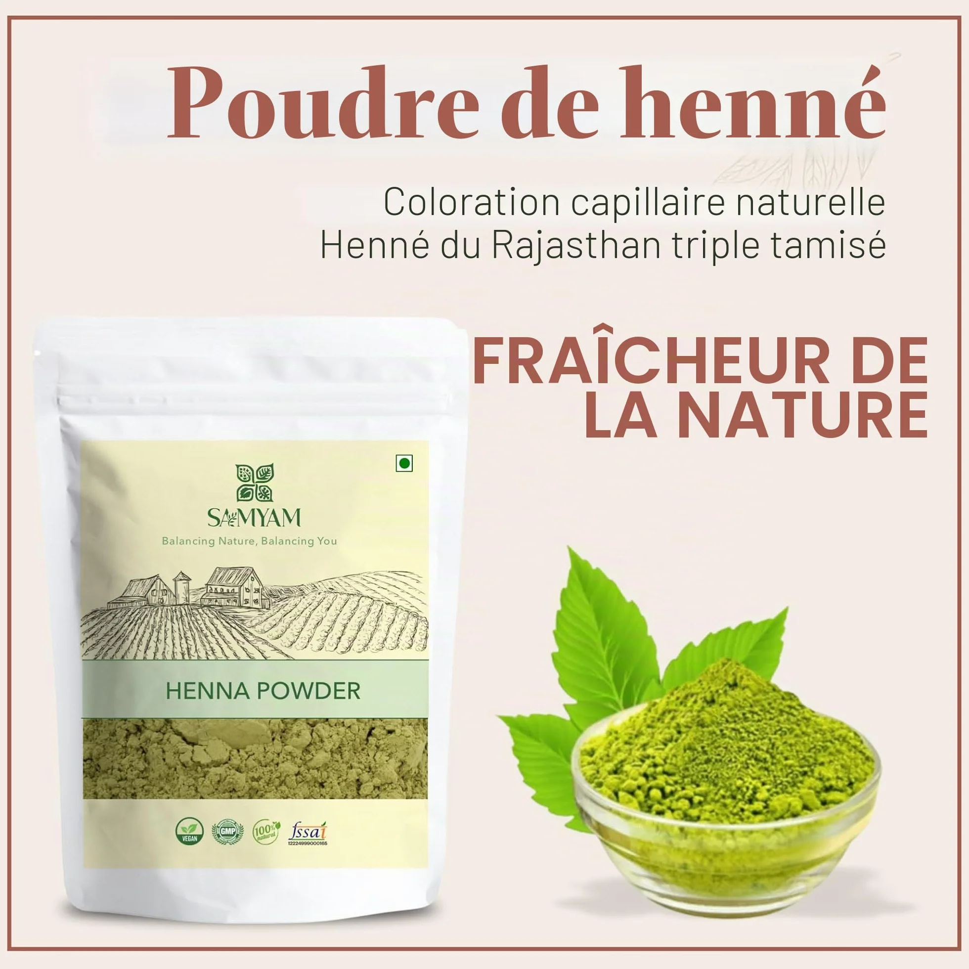 SAMYAM Poudre de henné pur - Paquet de 1 kg | Coloration capillaire naturelle, henné du Rajasthan triplement tamisé, sans PPD